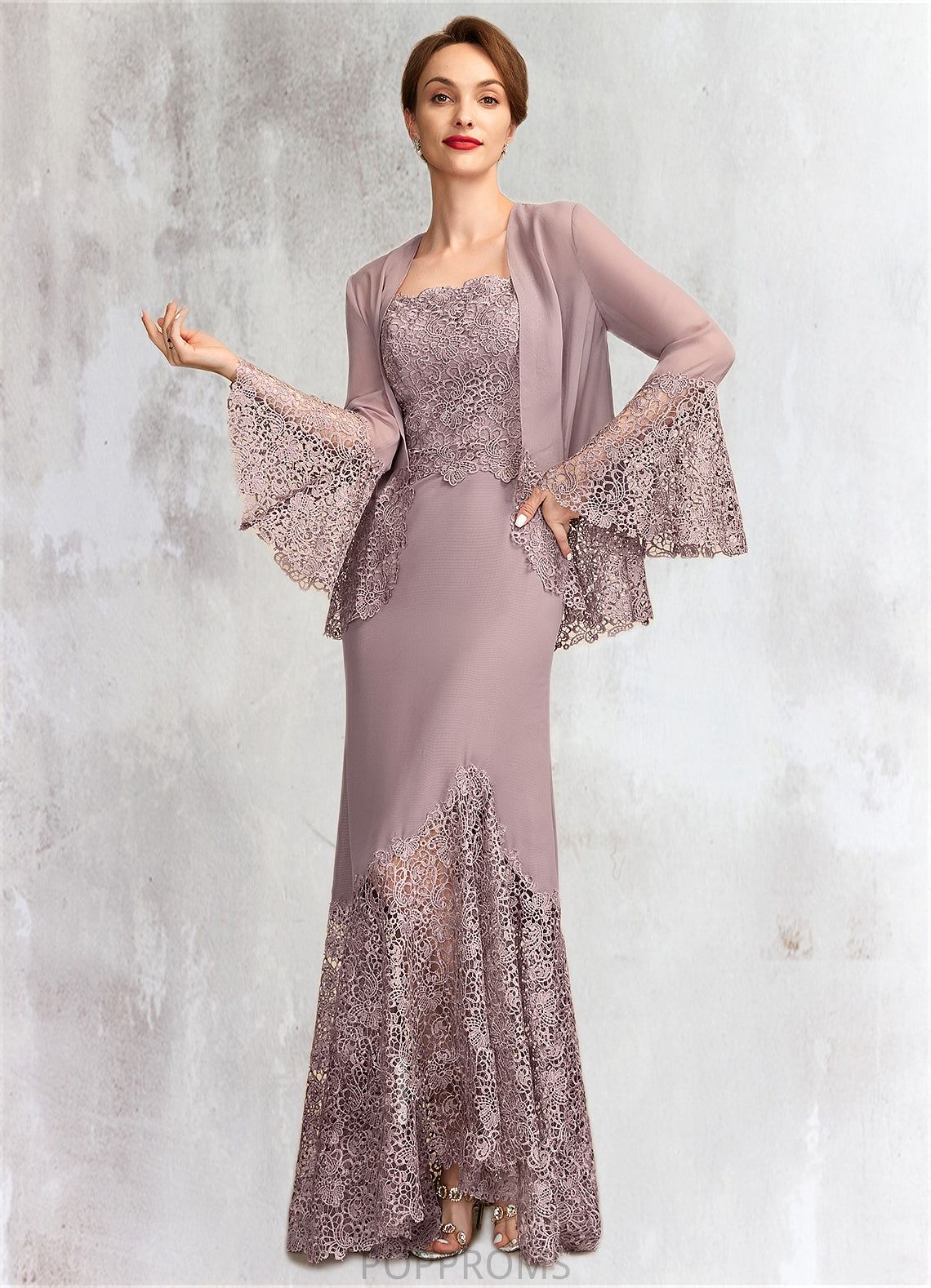 Evelin Trumpet/Mermaid Square Neckline Asymmetrical Chiffon Lace Mother of the Bride Dress PP6126P0015001