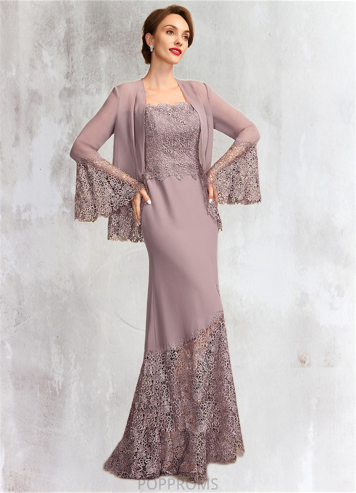 Evelin Trumpet/Mermaid Square Neckline Asymmetrical Chiffon Lace Mother of the Bride Dress PP6126P0015001