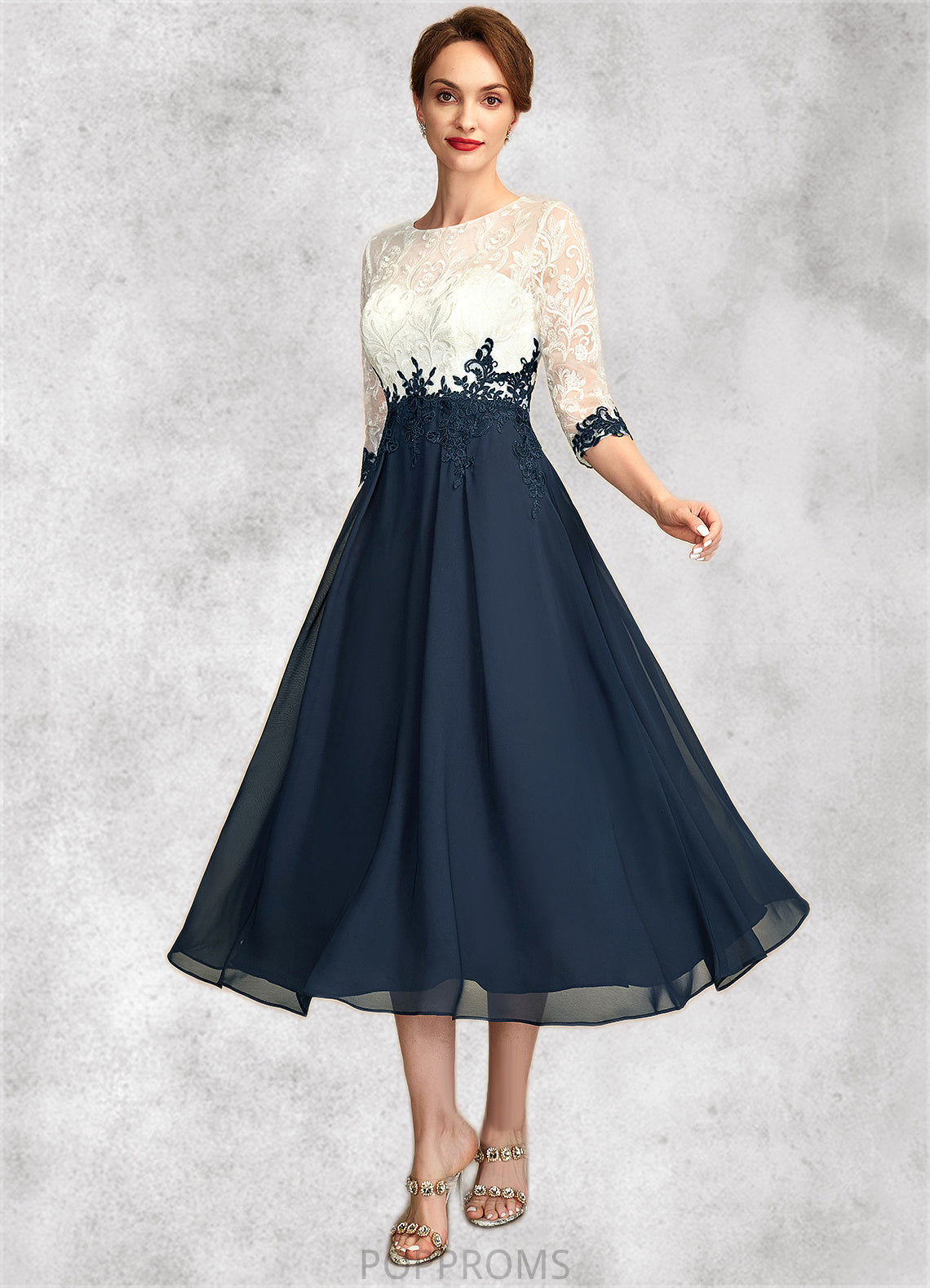 Renata A-Line Scoop Neck Tea-Length Chiffon Lace Mother of the Bride Dress PP6126P0015002