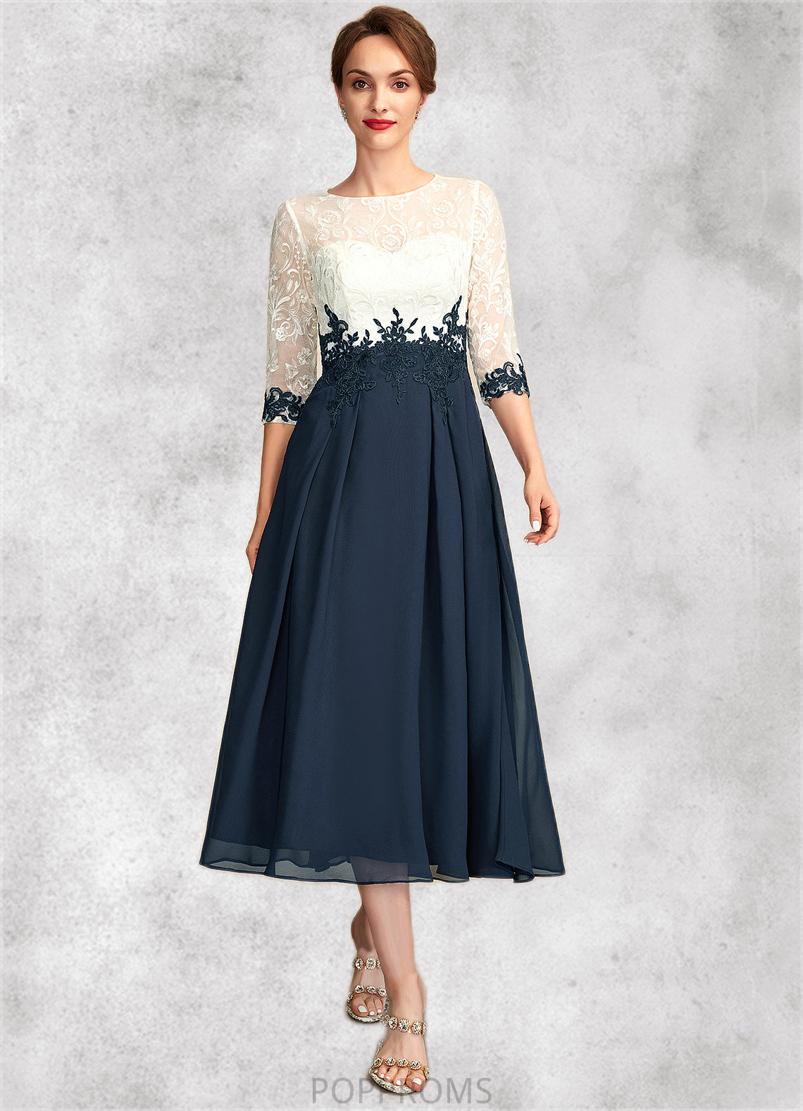 Renata A-Line Scoop Neck Tea-Length Chiffon Lace Mother of the Bride Dress PP6126P0015002