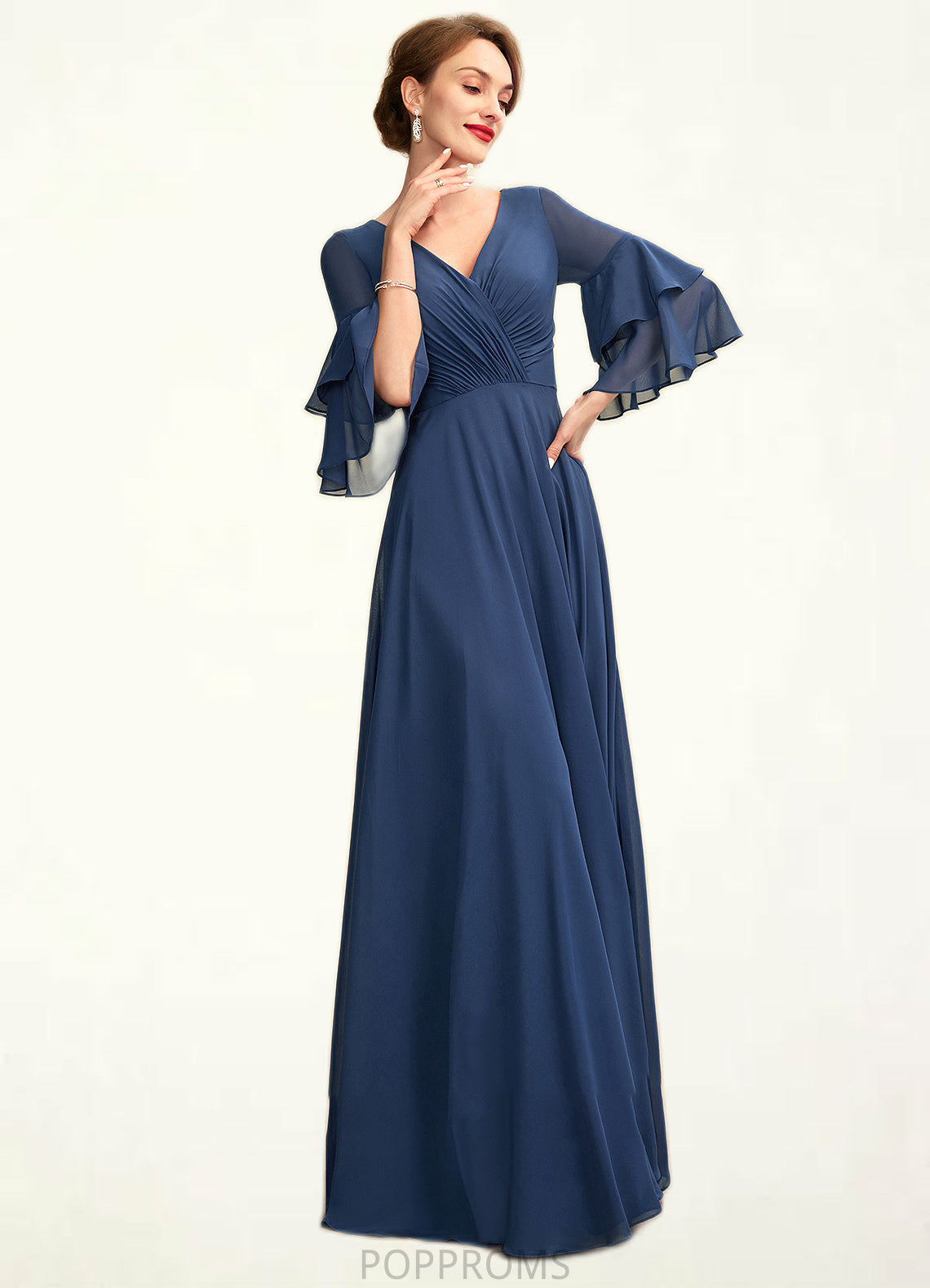 Genesis A-Line V-neck Floor-Length Chiffon Mother of the Bride Dress With Cascading Ruffles PP6126P0015003