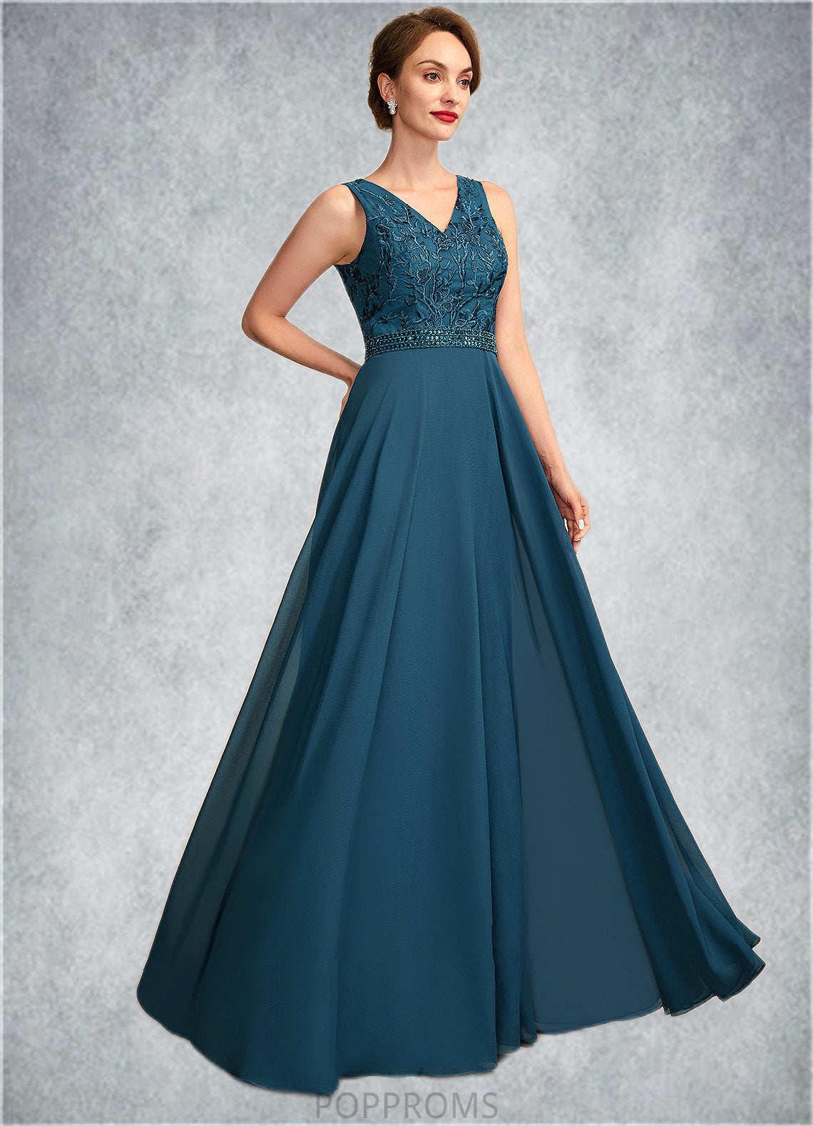 Daisy A-Line V-neck Floor-Length Chiffon Lace Mother of the Bride Dress With Beading Sequins PP6126P0015004