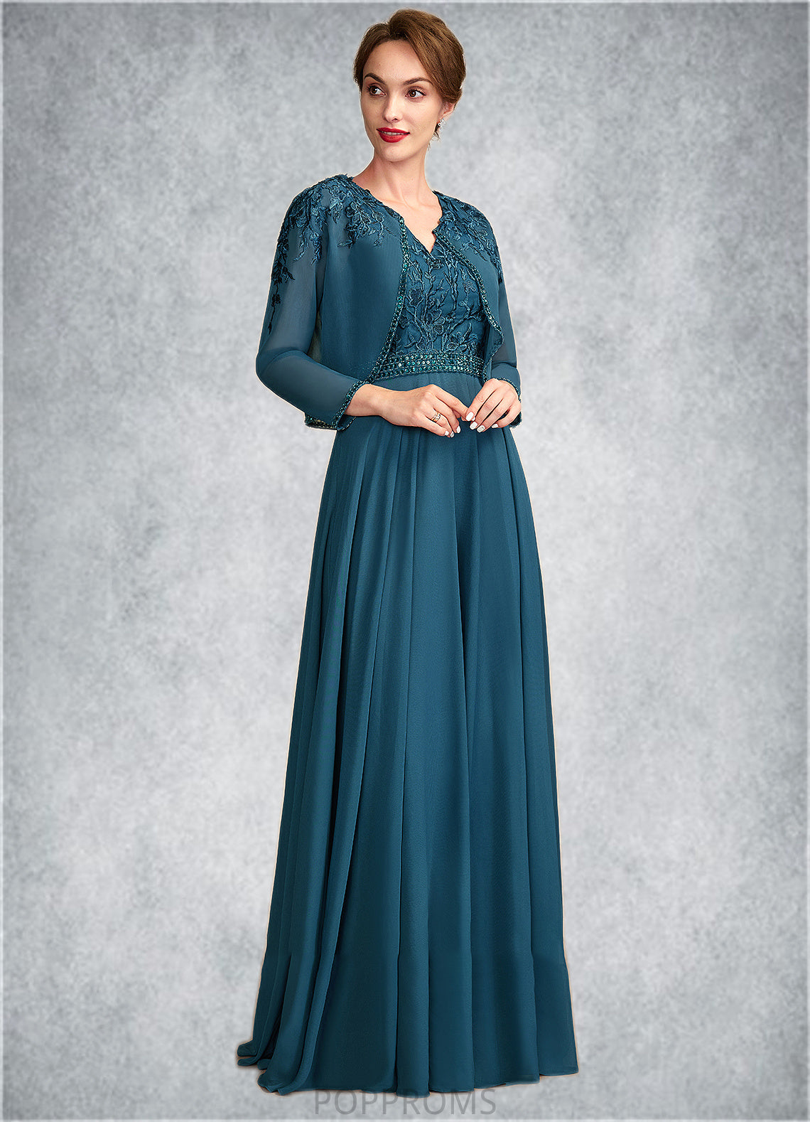 Daisy A-Line V-neck Floor-Length Chiffon Lace Mother of the Bride Dress With Beading Sequins PP6126P0015004