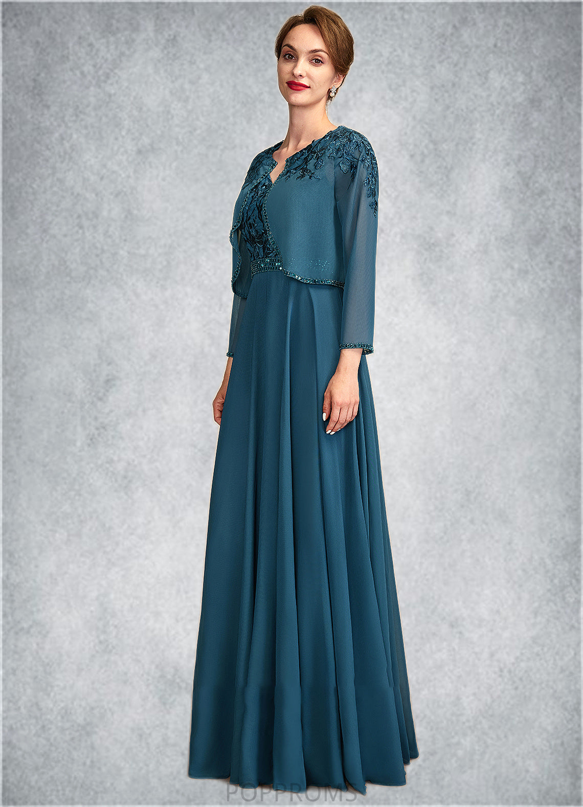 Daisy A-Line V-neck Floor-Length Chiffon Lace Mother of the Bride Dress With Beading Sequins PP6126P0015004