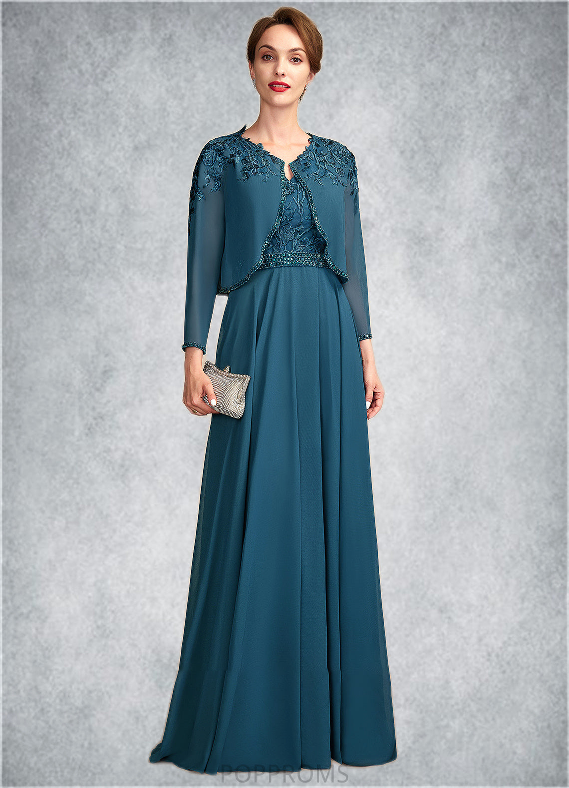 Daisy A-Line V-neck Floor-Length Chiffon Lace Mother of the Bride Dress With Beading Sequins PP6126P0015004