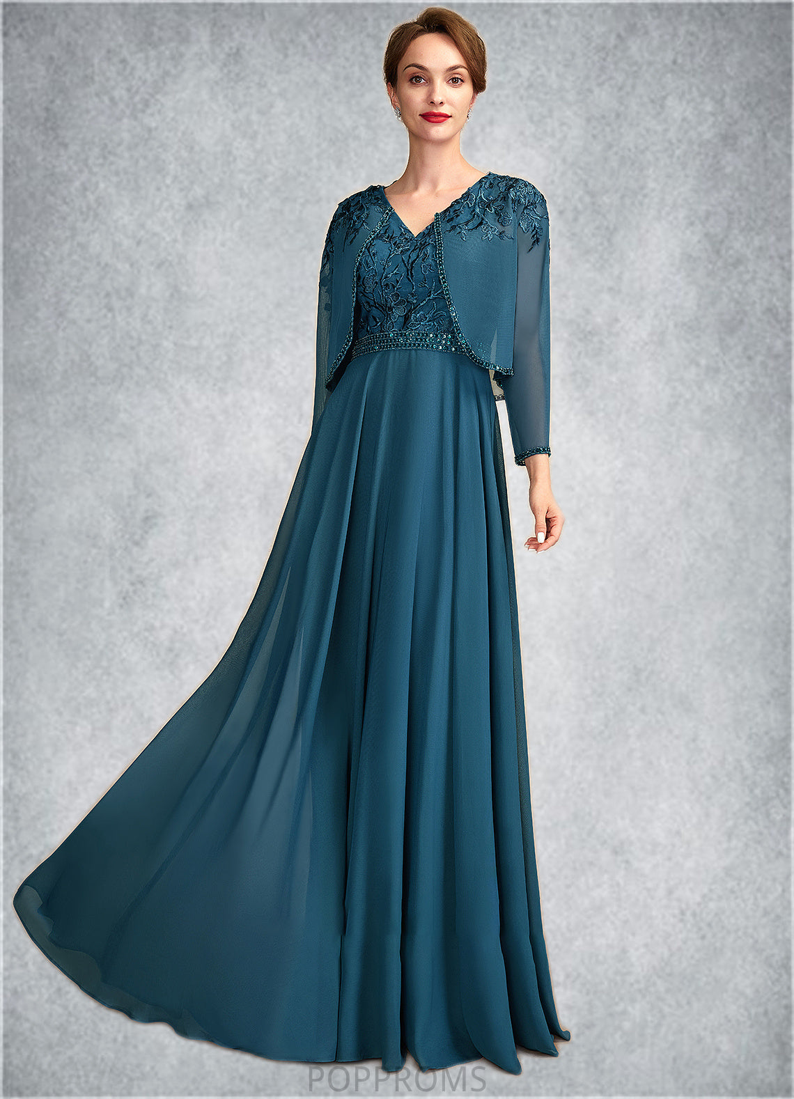 Daisy A-Line V-neck Floor-Length Chiffon Lace Mother of the Bride Dress With Beading Sequins PP6126P0015004