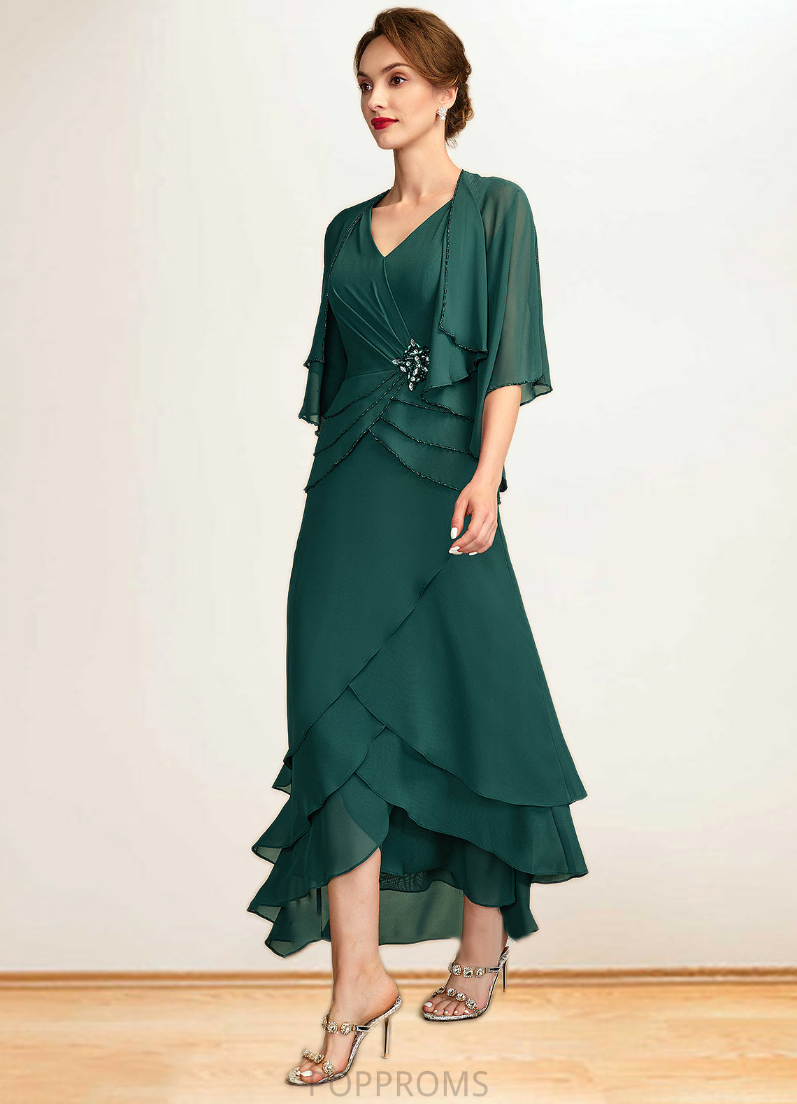 Trinity A-Line V-neck Asymmetrical Chiffon Mother of the Bride Dress With Beading Sequins Cascading Ruffles PP6126P0015005