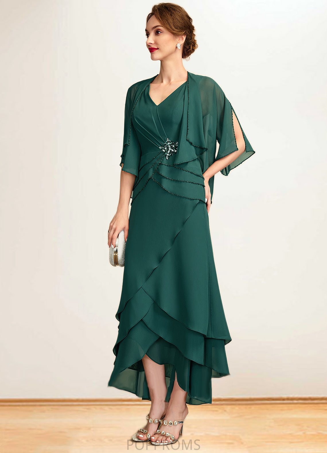 Trinity A-Line V-neck Asymmetrical Chiffon Mother of the Bride Dress With Beading Sequins Cascading Ruffles PP6126P0015005