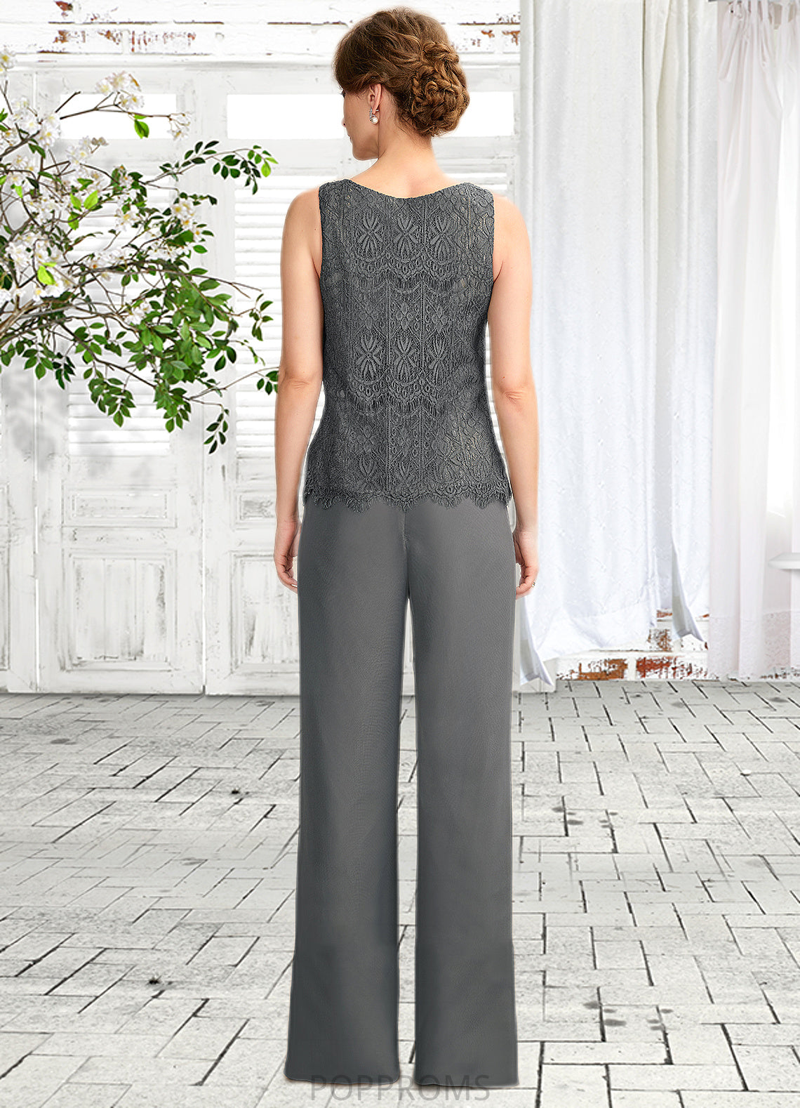 Gabrielle Jumpsuit/Pantsuit Scoop Neck Floor-Length Chiffon Lace Mother of the Bride Dress PP6126P0015006