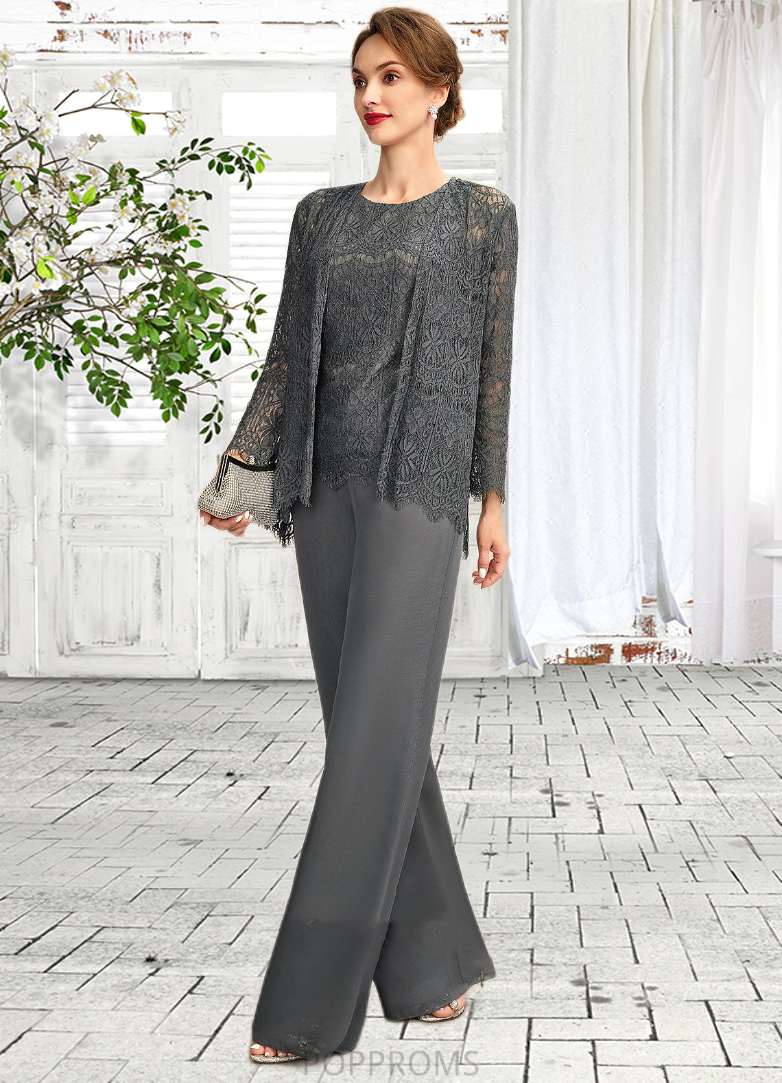 Gabrielle Jumpsuit/Pantsuit Scoop Neck Floor-Length Chiffon Lace Mother of the Bride Dress PP6126P0015006