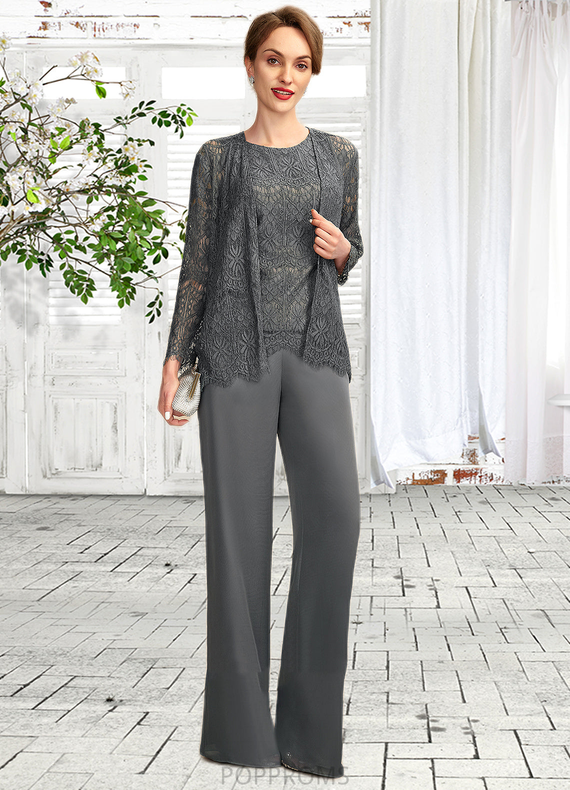 Gabrielle Jumpsuit/Pantsuit Scoop Neck Floor-Length Chiffon Lace Mother of the Bride Dress PP6126P0015006