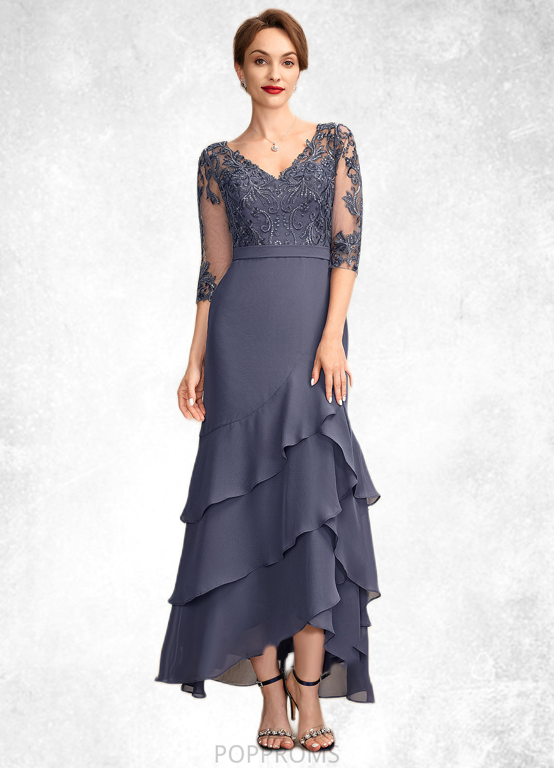 Theresa Trumpet/Mermaid V-neck Asymmetrical Chiffon Lace Mother of the Bride Dress With Sequins Cascading Ruffles PP6126P0015007