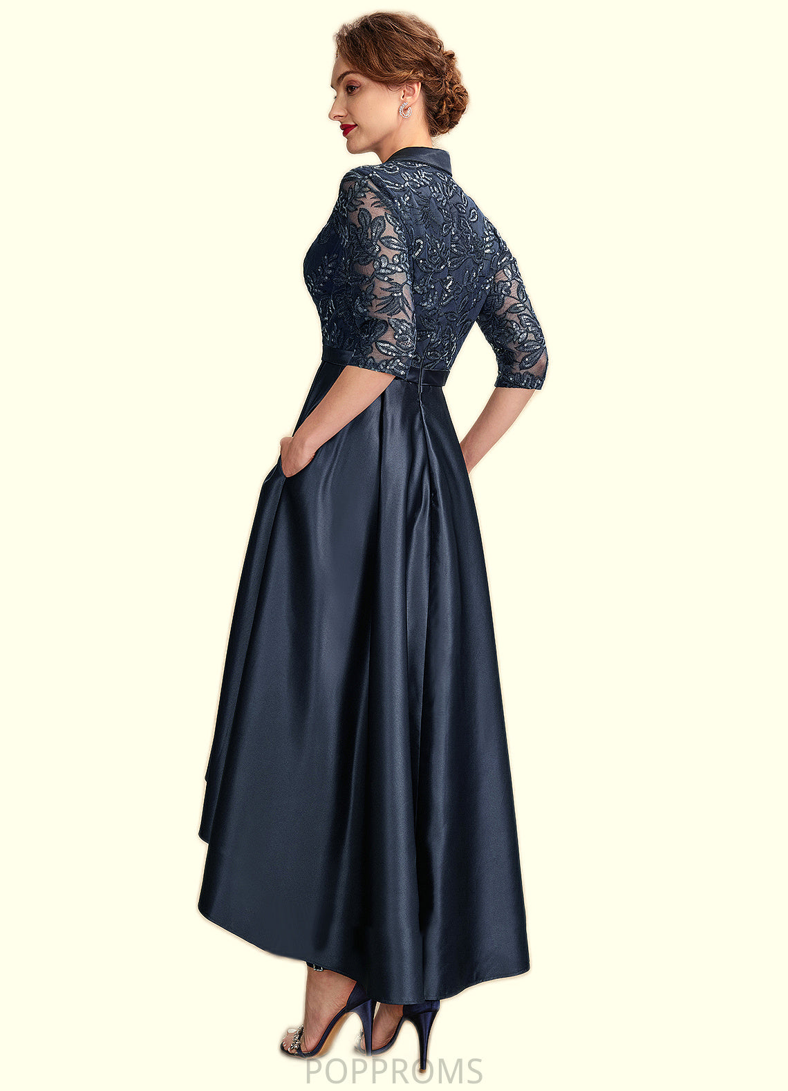 Leah A-Line V-neck Asymmetrical Satin Lace Mother of the Bride Dress With Sequins Pockets PP6126P0015008