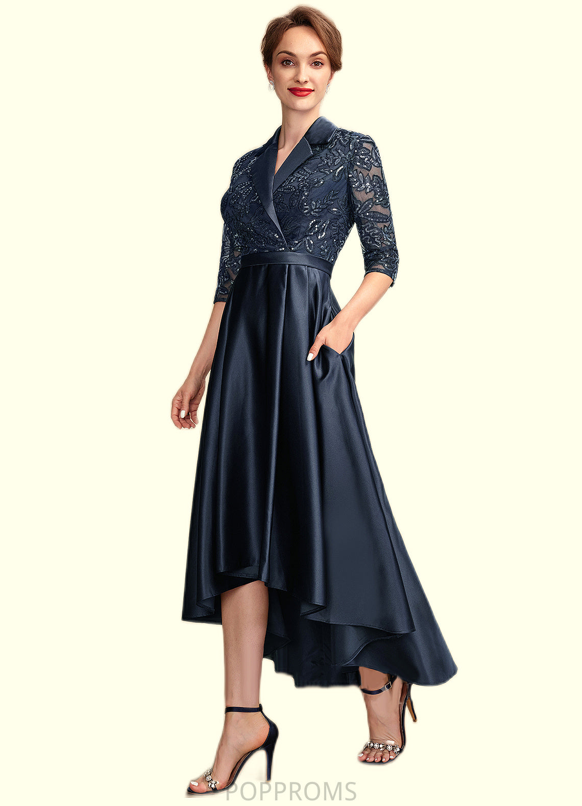 Leah A-Line V-neck Asymmetrical Satin Lace Mother of the Bride Dress With Sequins Pockets PP6126P0015008