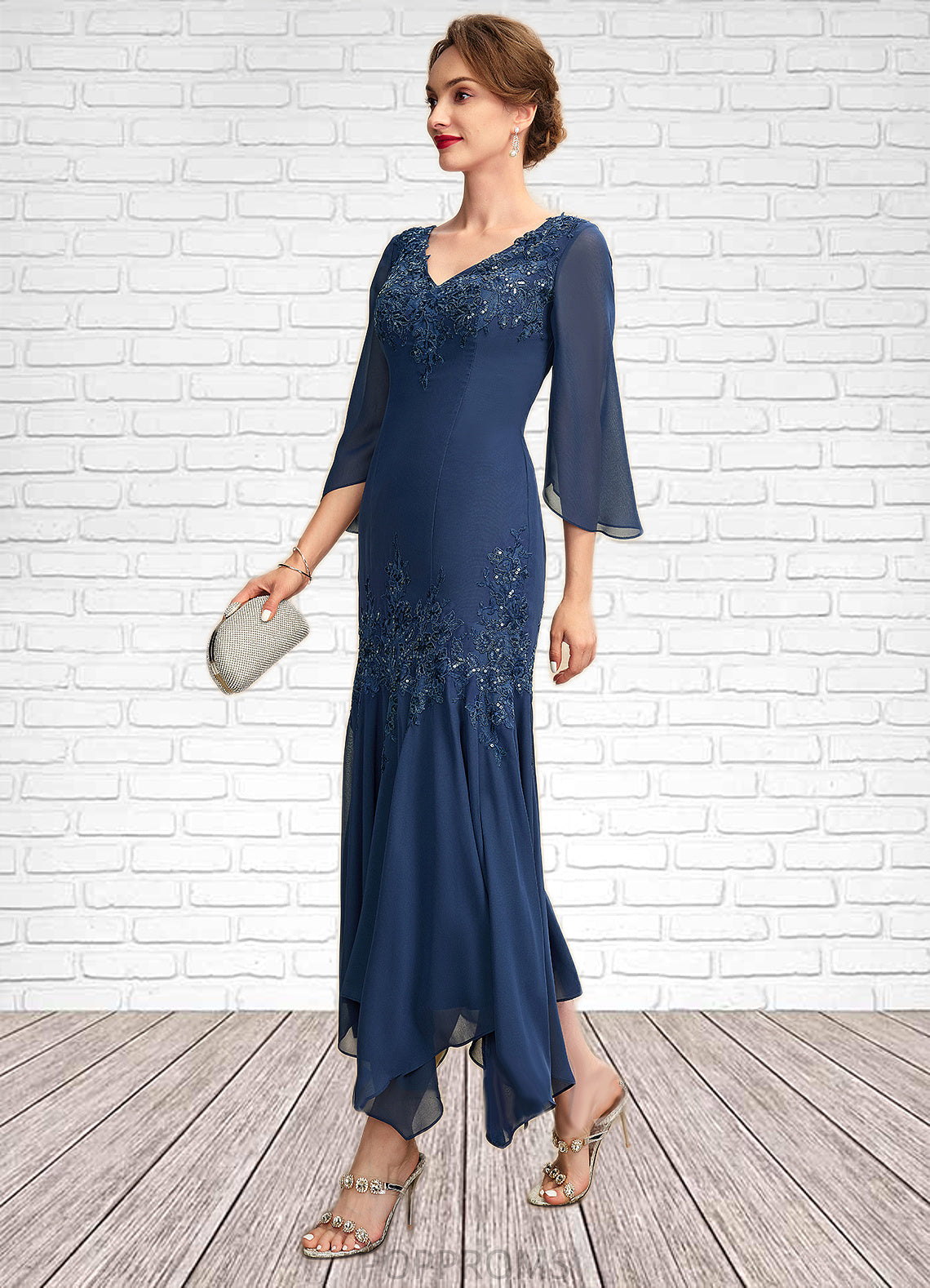 Giana Trumpet/Mermaid V-neck Ankle-Length Chiffon Mother of the Bride Dress With Appliques Lace Sequins PP6126P0015009