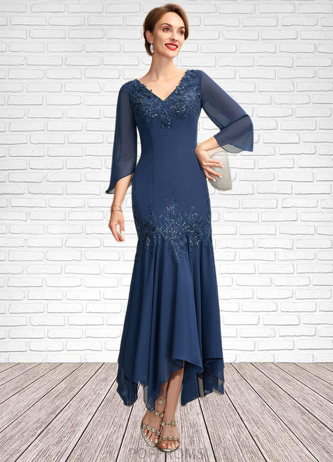 Giana Trumpet/Mermaid V-neck Ankle-Length Chiffon Mother of the Bride Dress With Appliques Lace Sequins PP6126P0015009