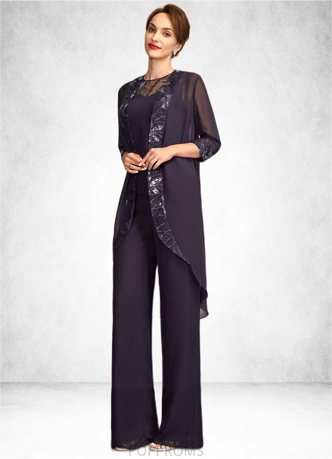 Kiersten Jumpsuit/Pantsuit Scoop Neck Floor-Length Chiffon Lace Mother of the Bride Dress With Sequins PP6126P0015010