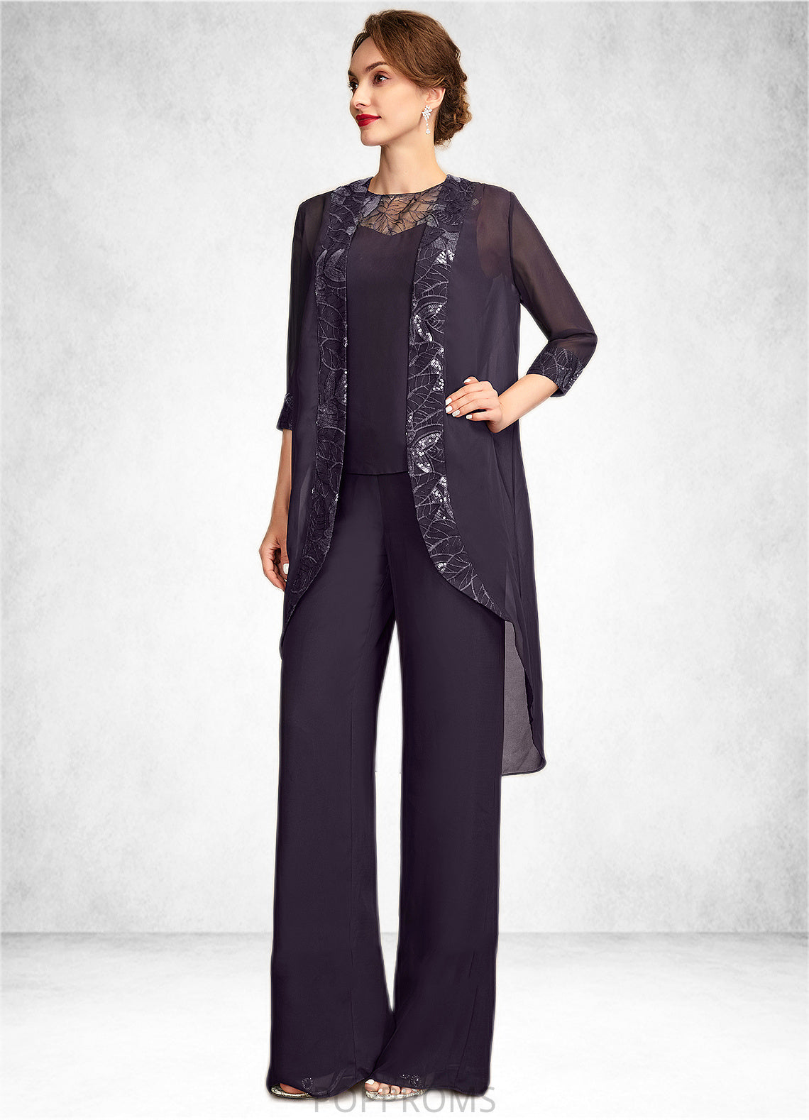 Kiersten Jumpsuit/Pantsuit Scoop Neck Floor-Length Chiffon Lace Mother of the Bride Dress With Sequins PP6126P0015010