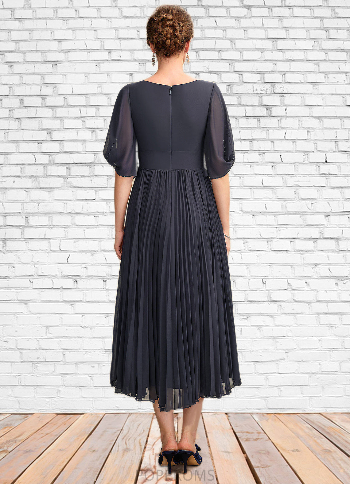 Morgan A-Line V-neck Tea-Length Chiffon Mother of the Bride Dress With Pleated PP6126P0015012