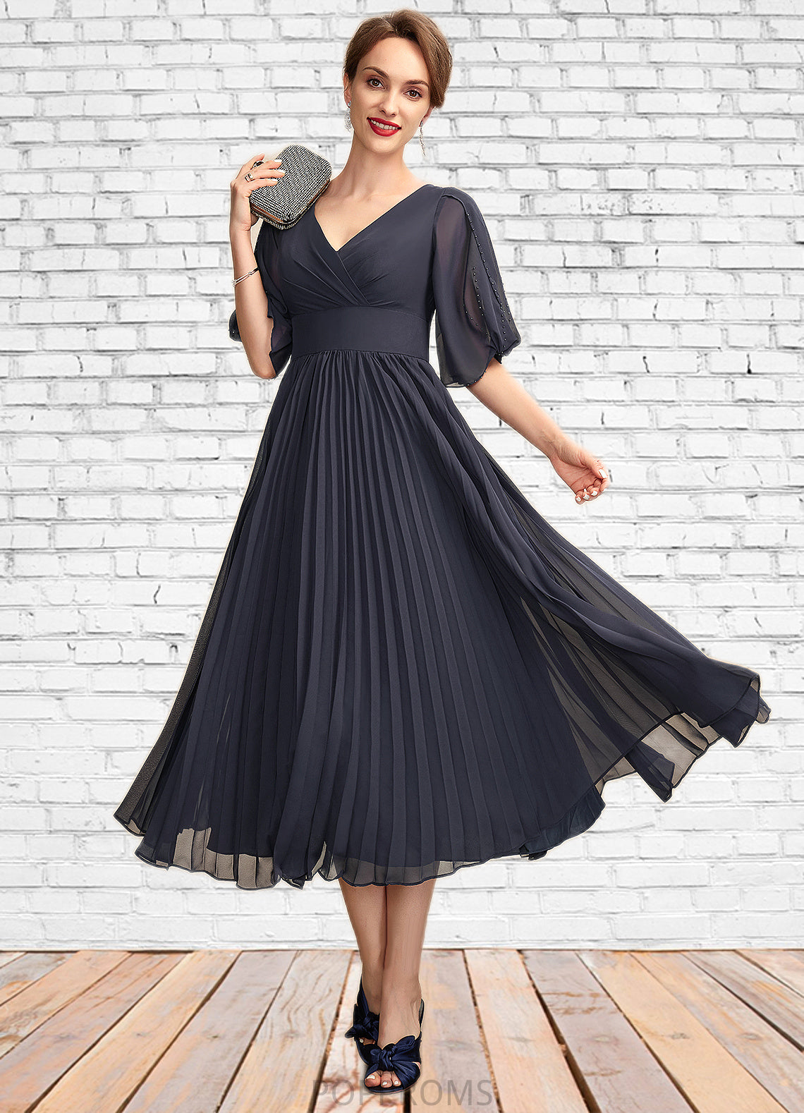 Morgan A-Line V-neck Tea-Length Chiffon Mother of the Bride Dress With Pleated PP6126P0015012