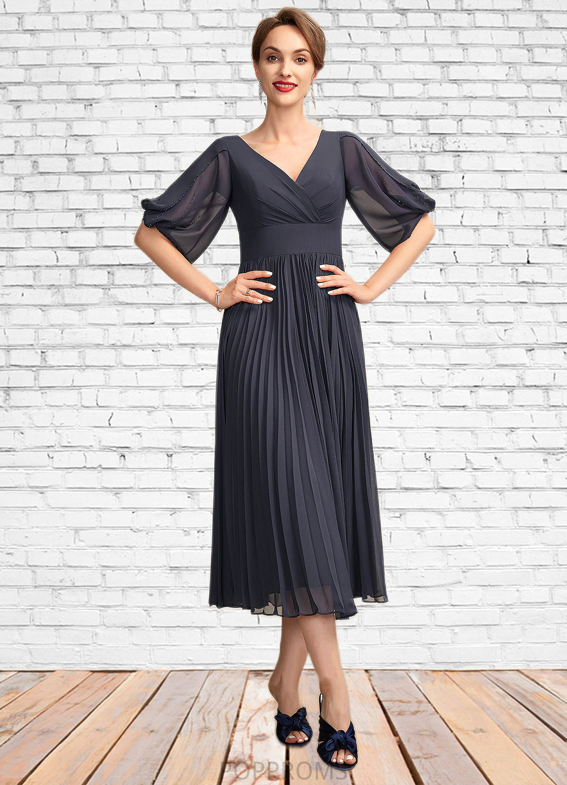 Morgan A-Line V-neck Tea-Length Chiffon Mother of the Bride Dress With Pleated PP6126P0015012