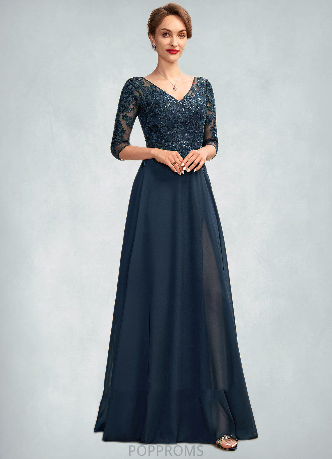 Adriana A-Line V-neck Floor-Length Chiffon Lace Mother of the Bride Dress With Sequins Split Front PP6126P0015014