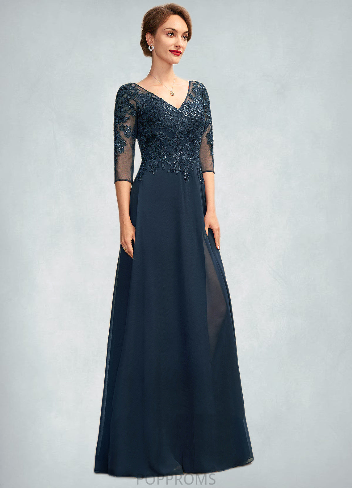 Adriana A-Line V-neck Floor-Length Chiffon Lace Mother of the Bride Dress With Sequins Split Front PP6126P0015014