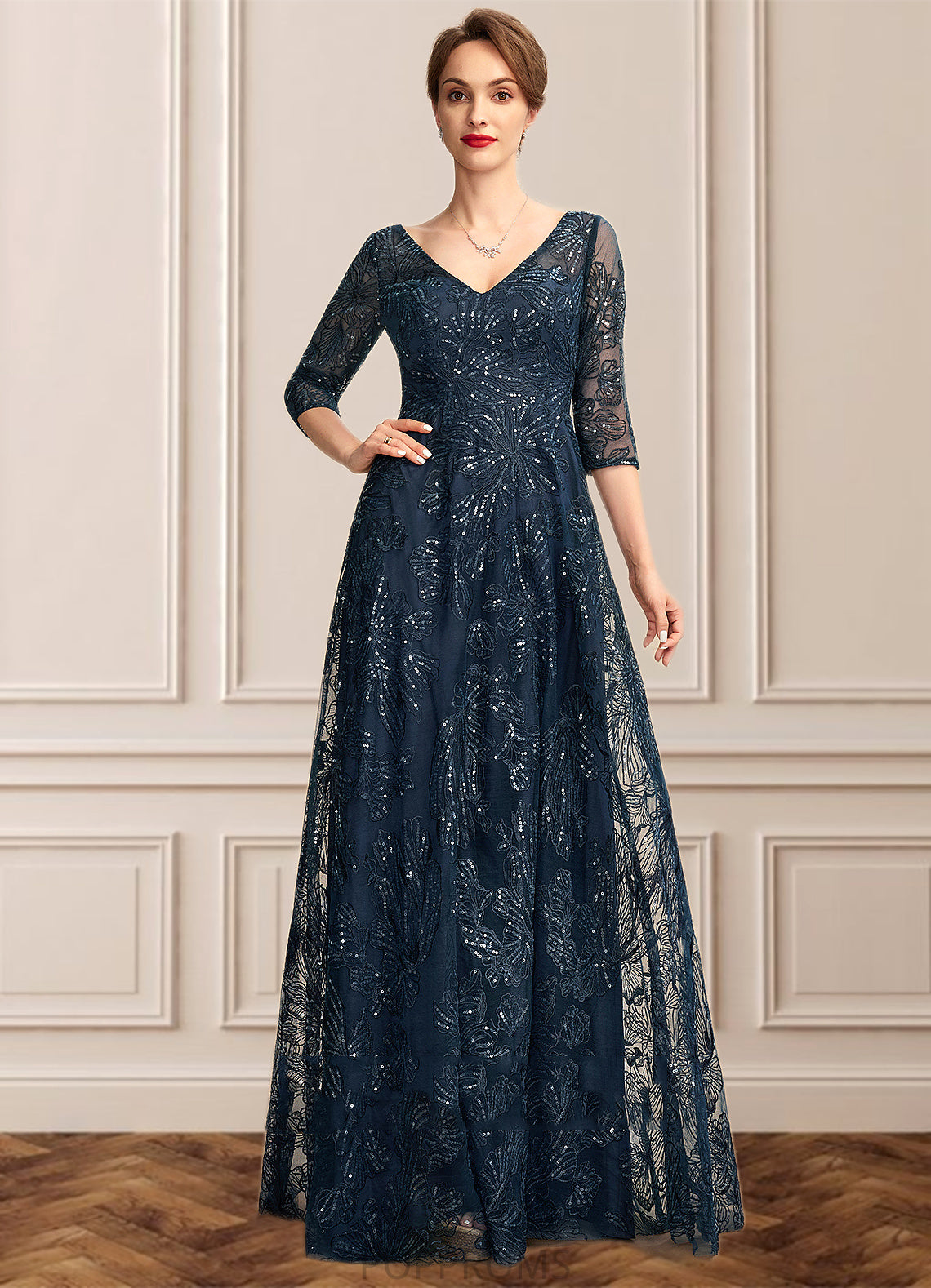 Jean A-Line V-neck Floor-Length Lace Mother of the Bride Dress With Sequins PP6126P0015015