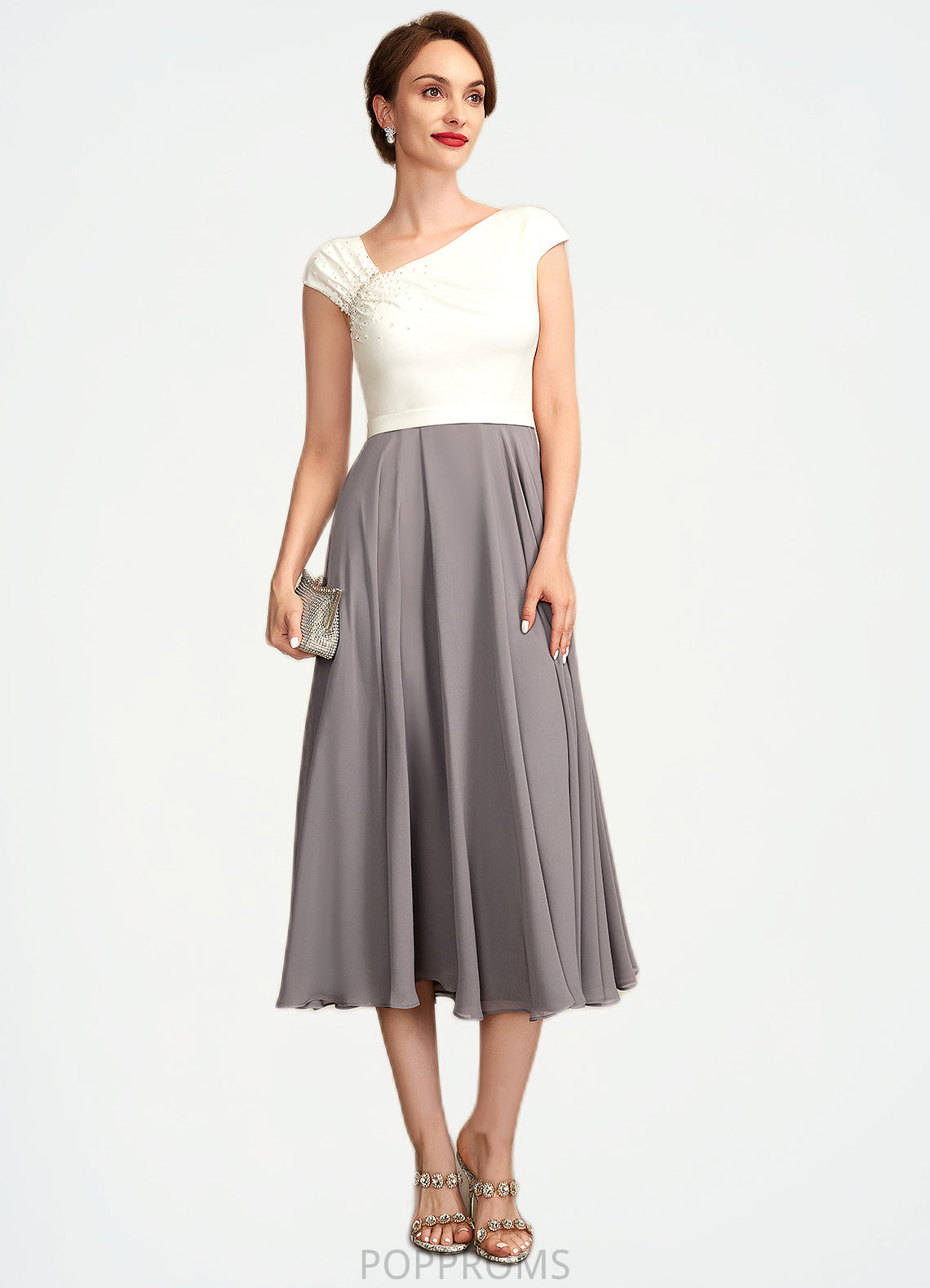 Audrey A-Line V-neck Tea-Length Chiffon Mother of the Bride Dress With Ruffle Beading Sequins PP6126P0015016