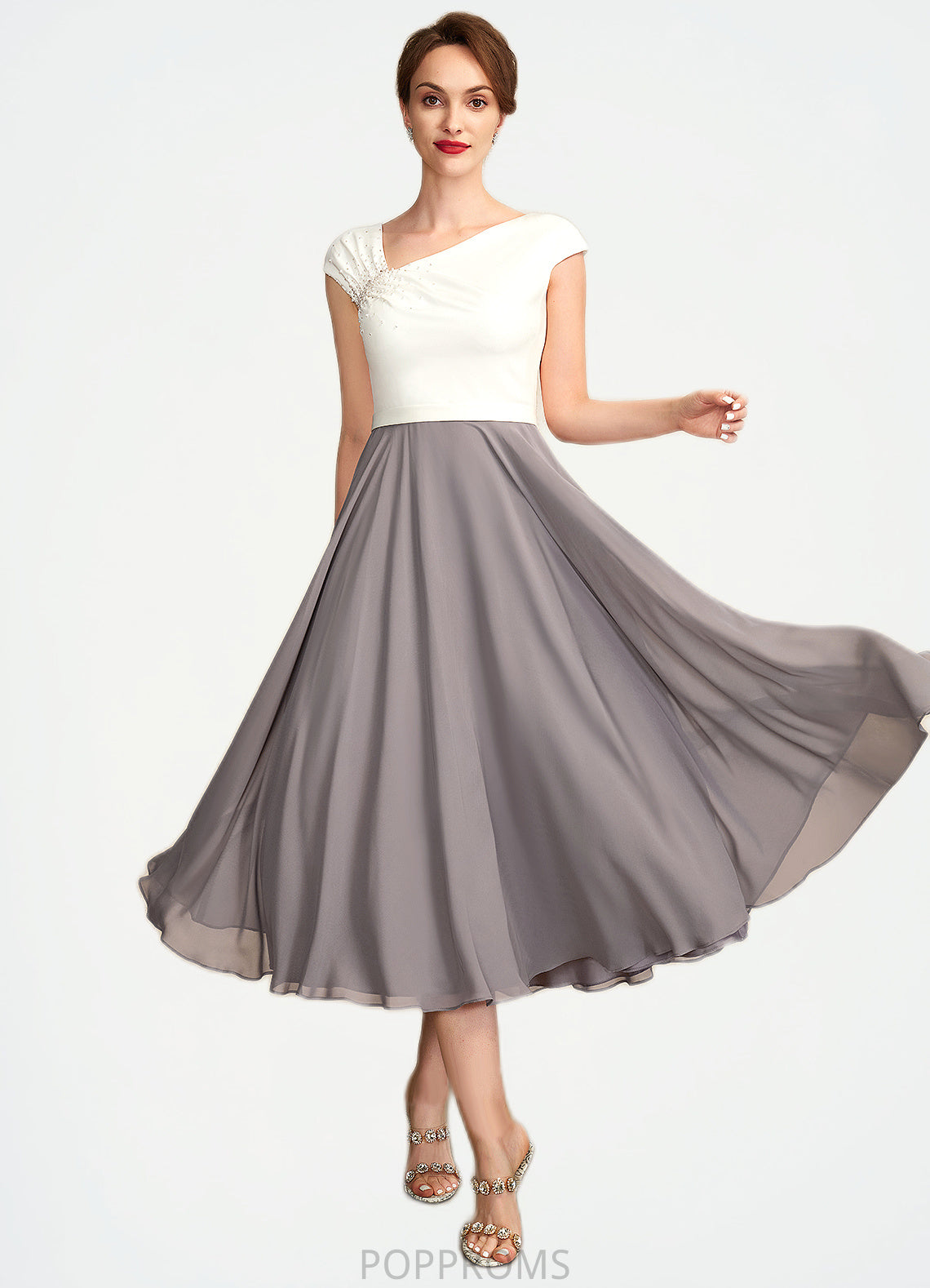 Audrey A-Line V-neck Tea-Length Chiffon Mother of the Bride Dress With Ruffle Beading Sequins PP6126P0015016