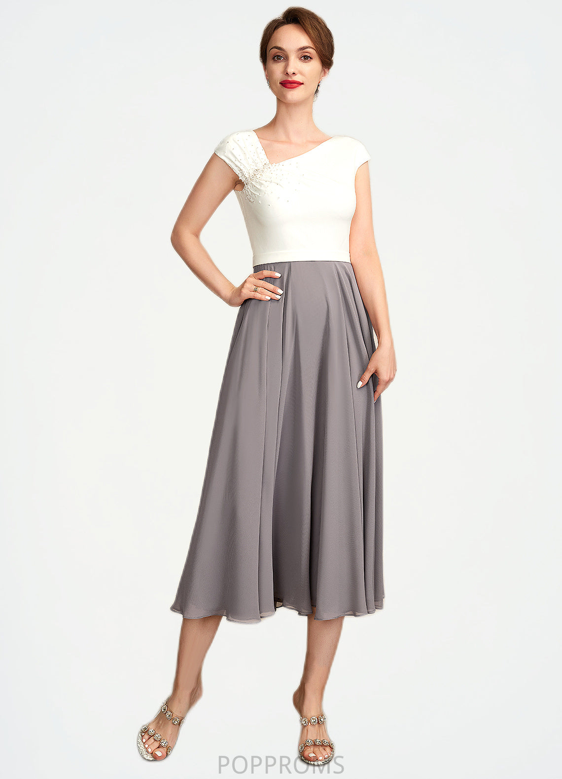 Audrey A-Line V-neck Tea-Length Chiffon Mother of the Bride Dress With Ruffle Beading Sequins PP6126P0015016