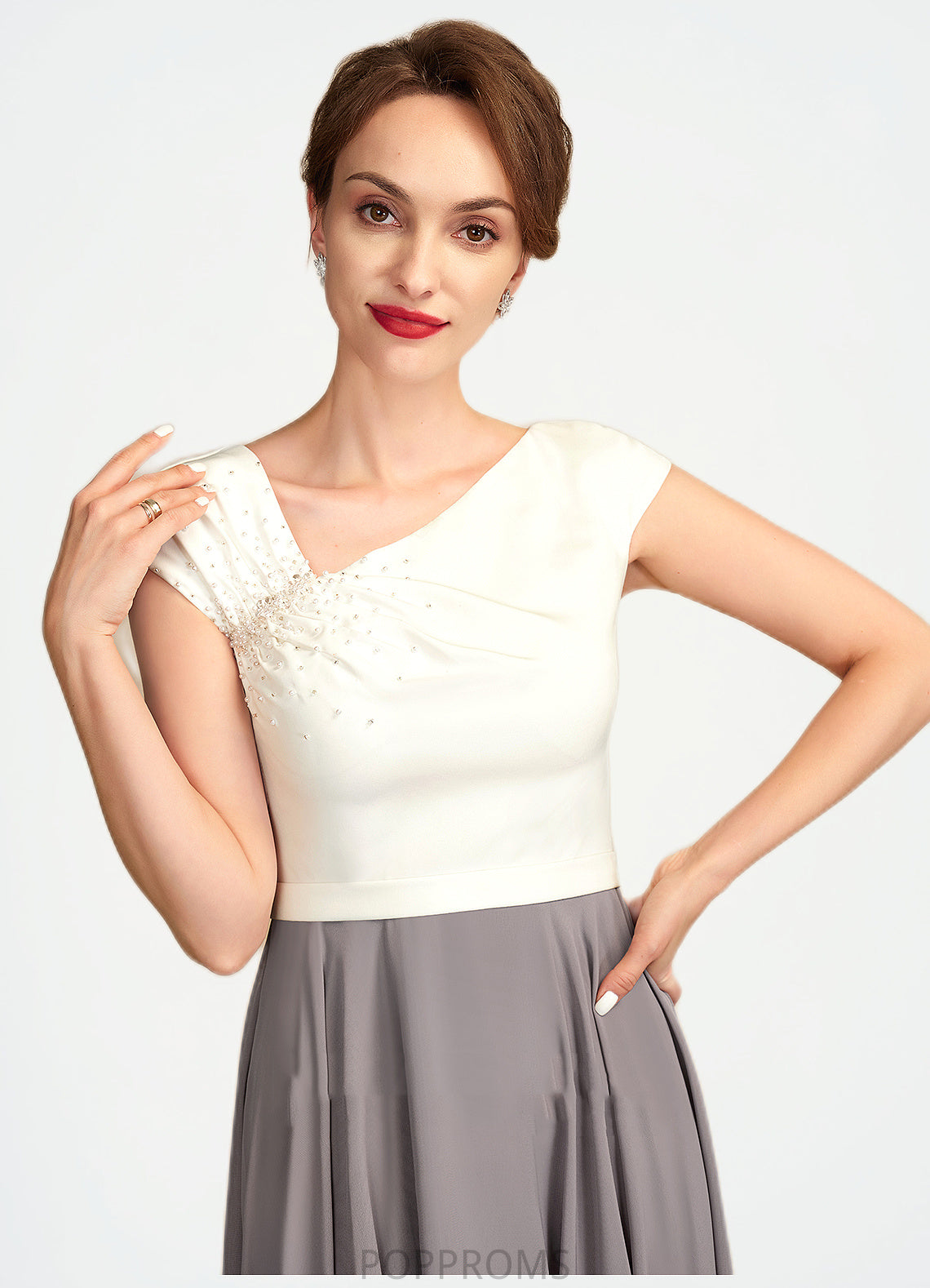 Audrey A-Line V-neck Tea-Length Chiffon Mother of the Bride Dress With Ruffle Beading Sequins PP6126P0015016