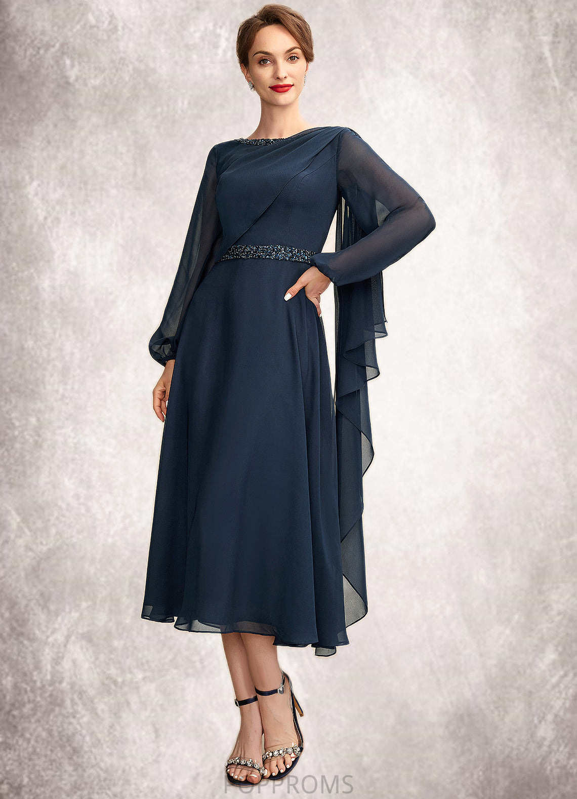 Libby A-Line Scoop Neck Tea-Length Chiffon Mother of the Bride Dress With Beading Sequins PP6126P0015018