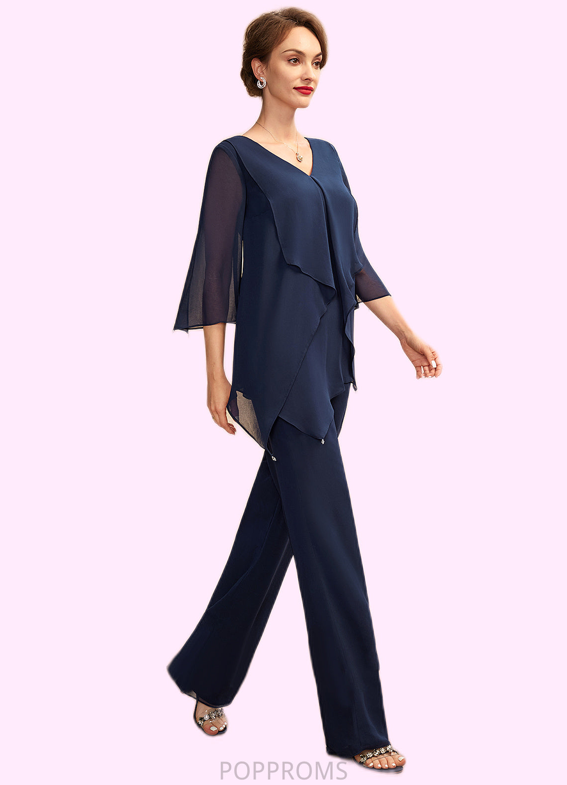 Iyana Jumpsuit/Pantsuit V-neck Floor-Length Chiffon Mother of the Bride Dress With Cascading Ruffles PP6126P0015019