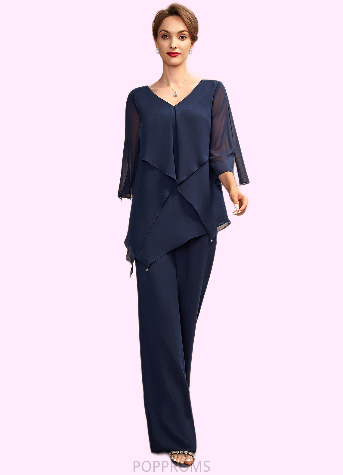 Iyana Jumpsuit/Pantsuit V-neck Floor-Length Chiffon Mother of the Bride Dress With Cascading Ruffles PP6126P0015019