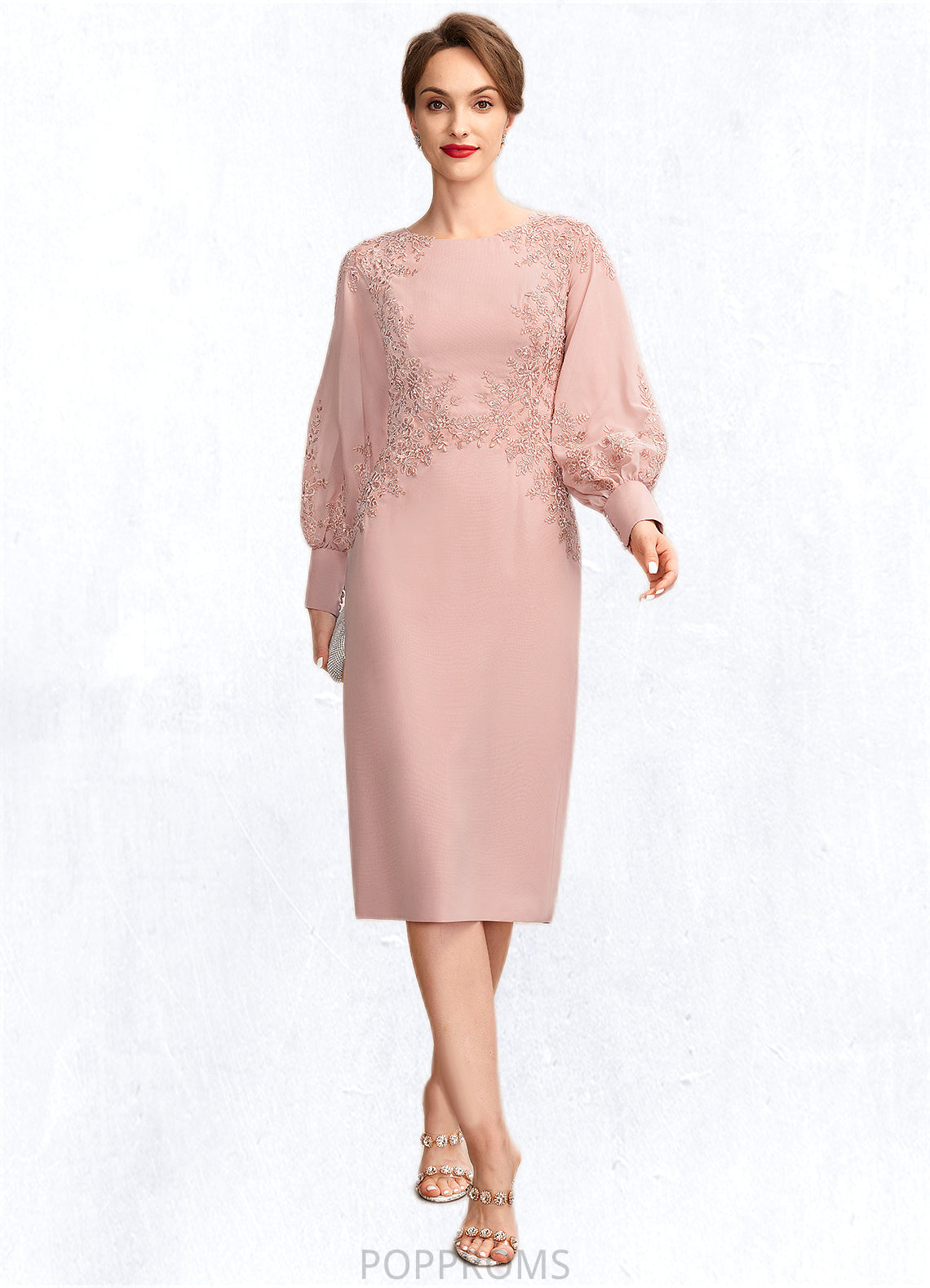 Jo Sheath/Column Scoop Neck Knee-Length Chiffon Lace Mother of the Bride Dress With Beading Sequins PP6126P0015020