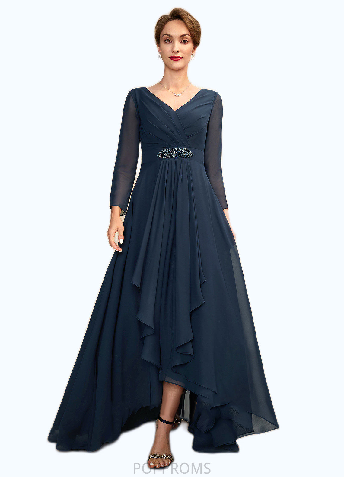 Kamila A-Line V-neck Asymmetrical Chiffon Mother of the Bride Dress With Ruffle Beading Bow(s) PP6126P0015021