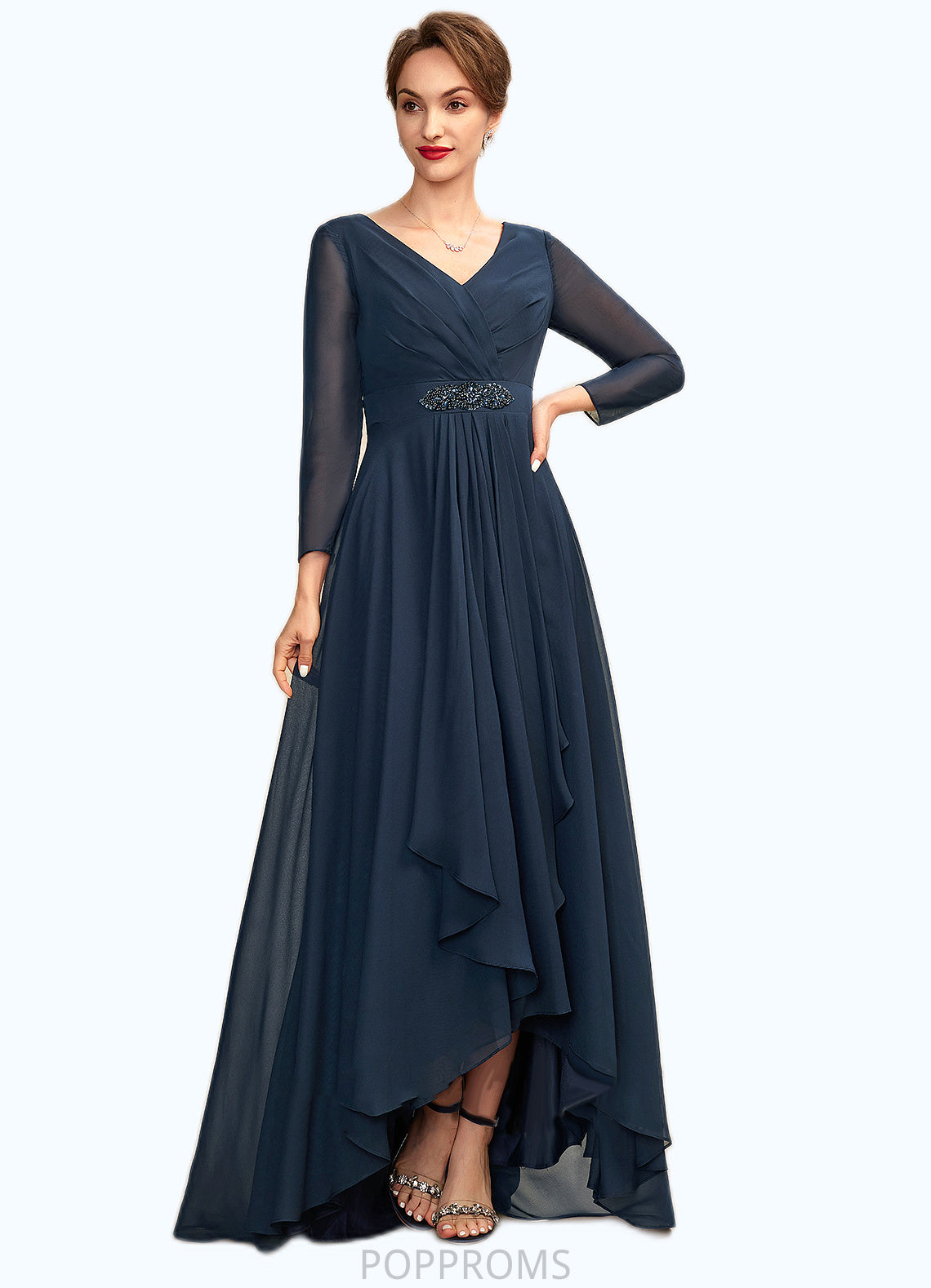 Kamila A-Line V-neck Asymmetrical Chiffon Mother of the Bride Dress With Ruffle Beading Bow(s) PP6126P0015021