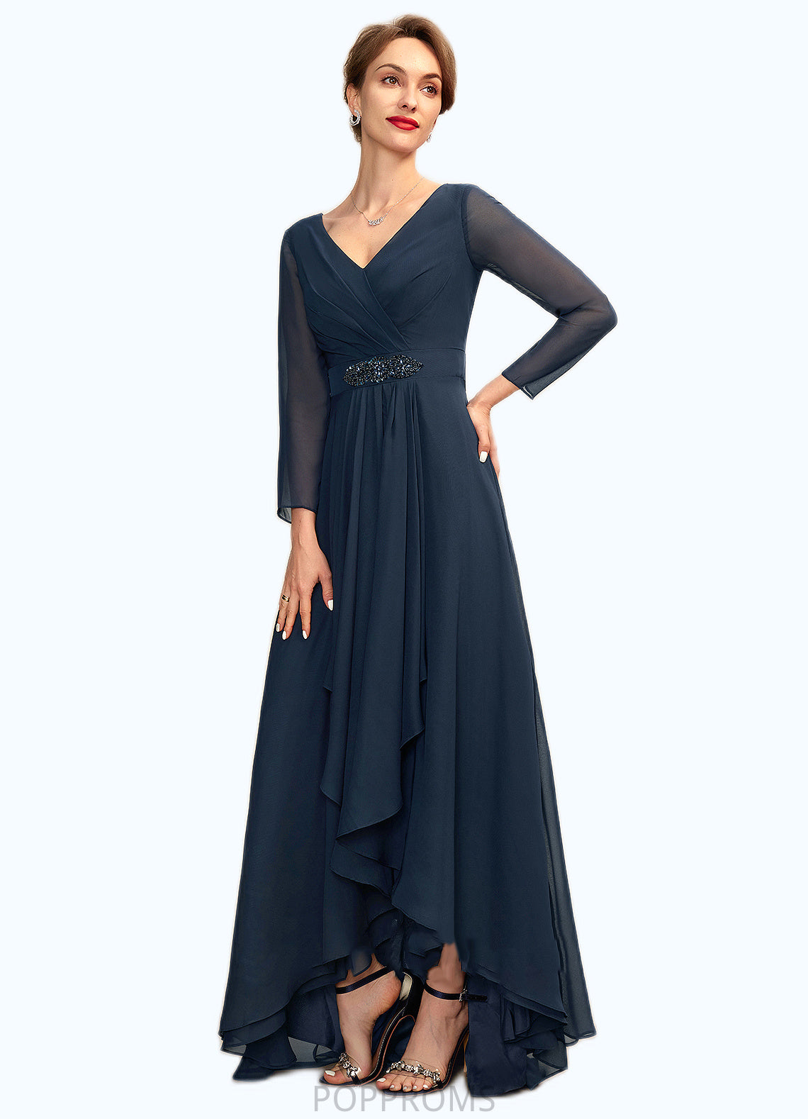 Kamila A-Line V-neck Asymmetrical Chiffon Mother of the Bride Dress With Ruffle Beading Bow(s) PP6126P0015021