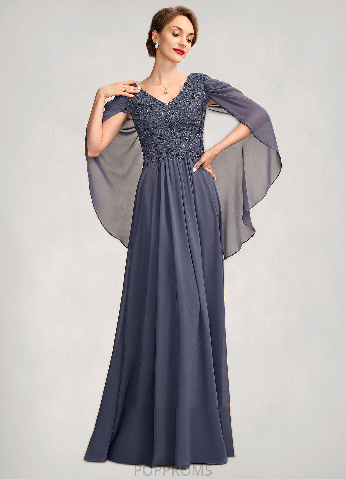 Amiah A-Line V-neck Floor-Length Chiffon Lace Mother of the Bride Dress With Beading Sequins PP6126P0015022