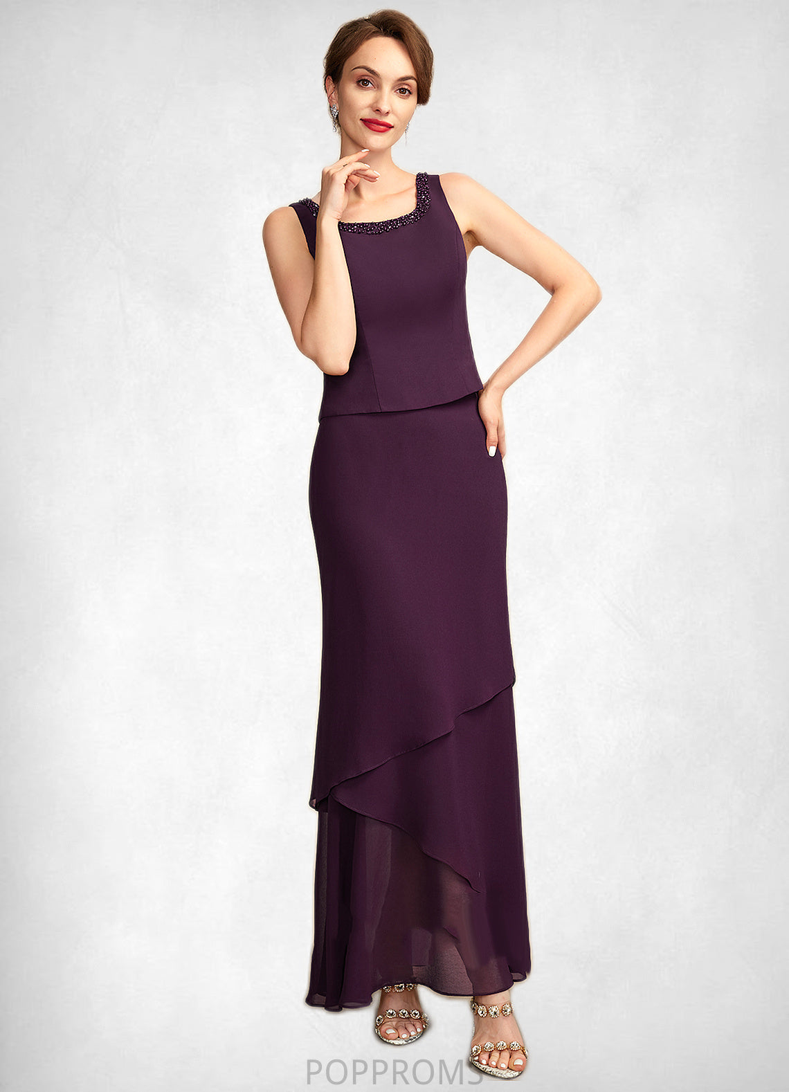 Giada Sheath/Column Scoop Neck Ankle-Length Chiffon Mother of the Bride Dress With Beading Sequins PP6126P0015024