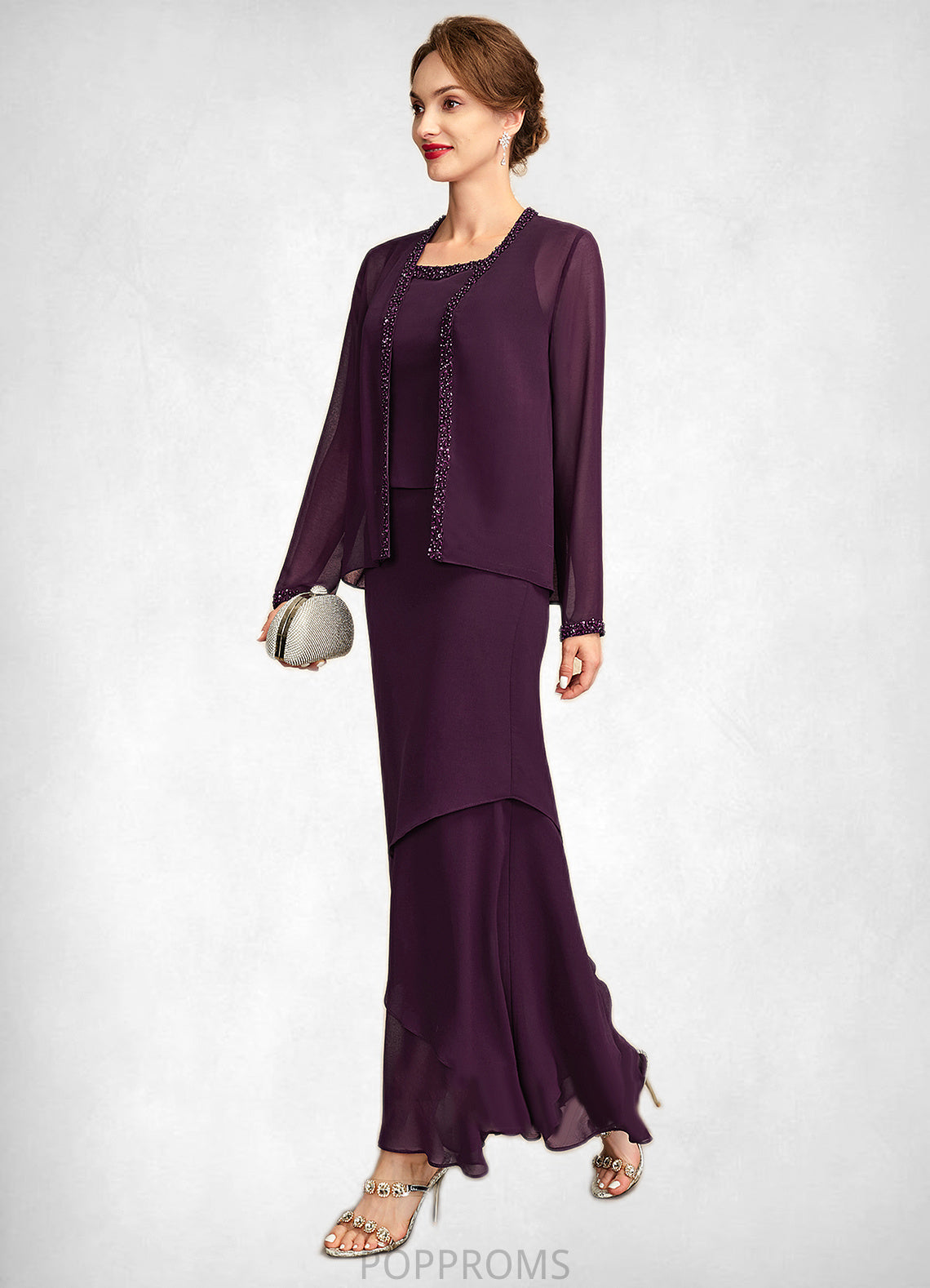 Giada Sheath/Column Scoop Neck Ankle-Length Chiffon Mother of the Bride Dress With Beading Sequins PP6126P0015024