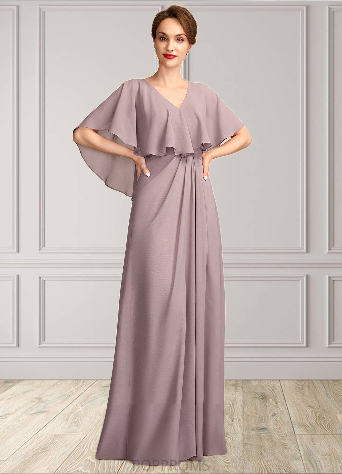 Victoria A-Line V-neck Floor-Length Chiffon Mother of the Bride Dress With Ruffle PP6126P0015026