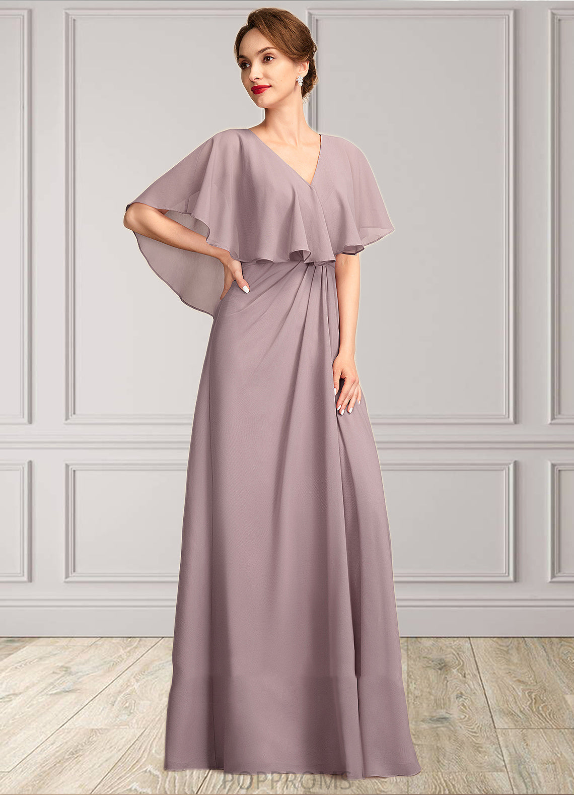 Victoria A-Line V-neck Floor-Length Chiffon Mother of the Bride Dress With Ruffle PP6126P0015026