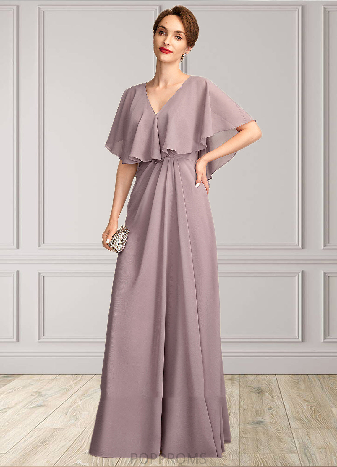 Victoria A-Line V-neck Floor-Length Chiffon Mother of the Bride Dress With Ruffle PP6126P0015026