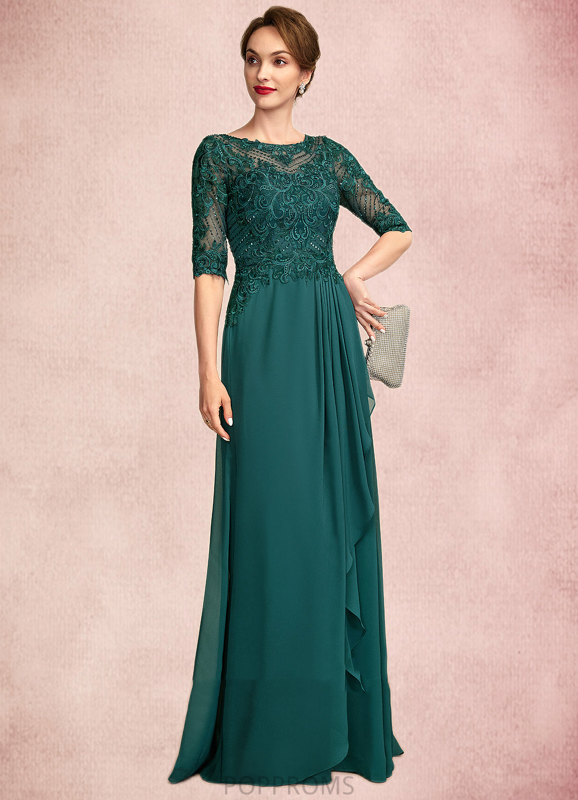 Lily A-Line Scoop Neck Floor-Length Chiffon Lace Mother of the Bride Dress With Beading Sequins Cascading Ruffles PP6126P0015027