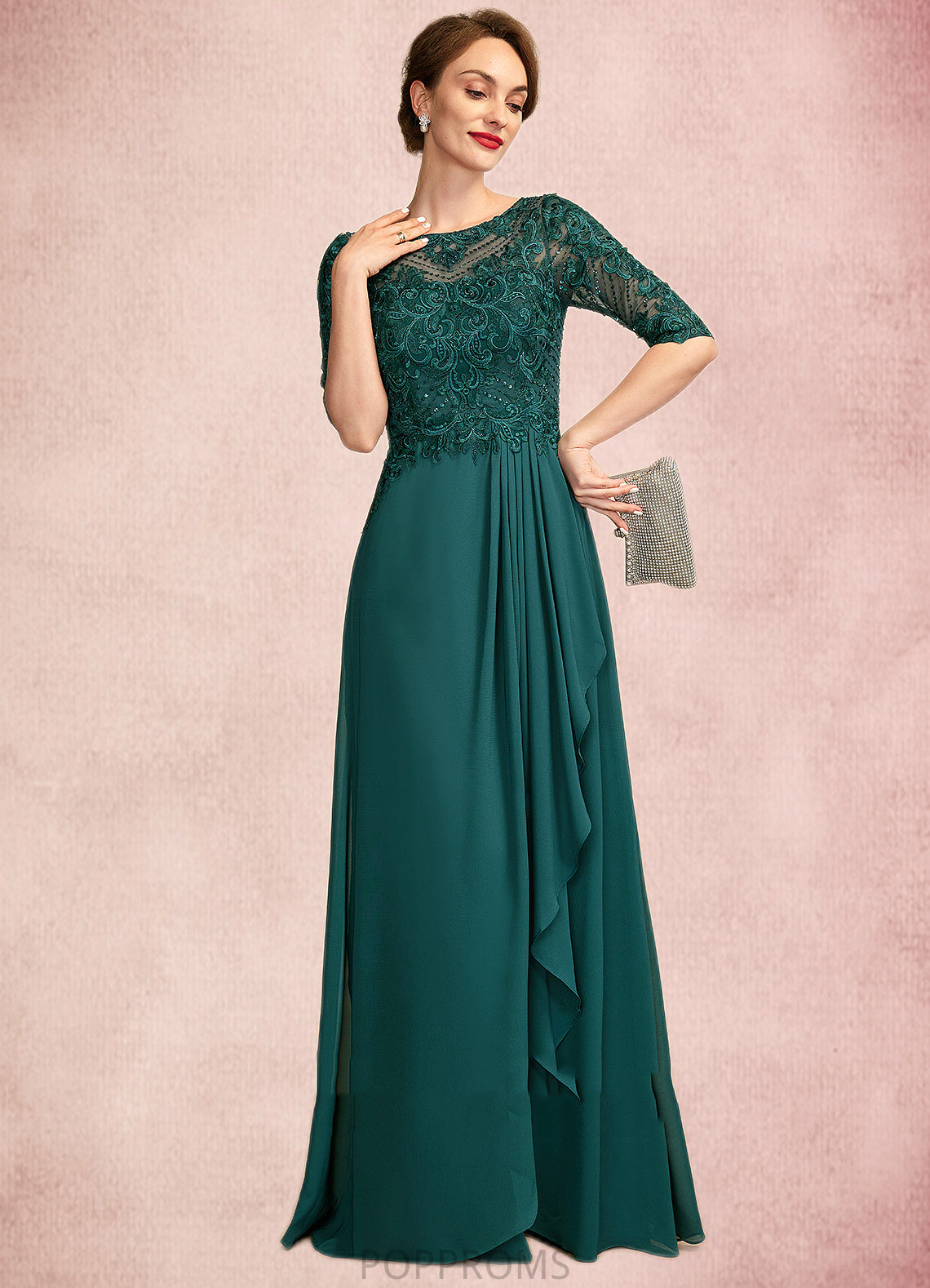 Lily A-Line Scoop Neck Floor-Length Chiffon Lace Mother of the Bride Dress With Beading Sequins Cascading Ruffles PP6126P0015027