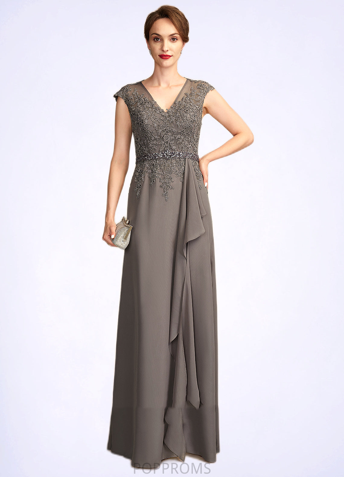 Jode A-Line V-neck Floor-Length Chiffon Lace Mother of the Bride Dress With Beading Sequins Cascading Ruffles PP6126P0015030