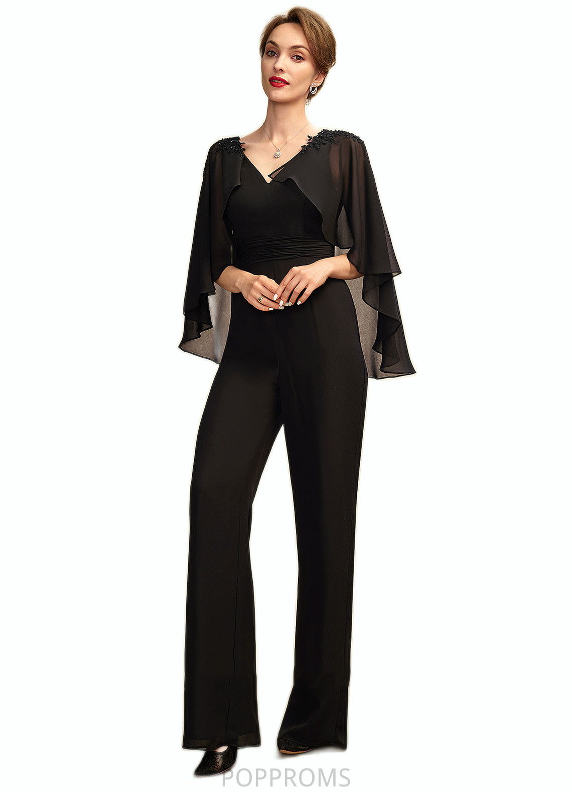 Taliyah Jumpsuit/Pantsuit V-neck Floor-Length Chiffon Mother of the Bride Dress With Ruffle Beading Appliques Lace Sequins PP6126P0015033