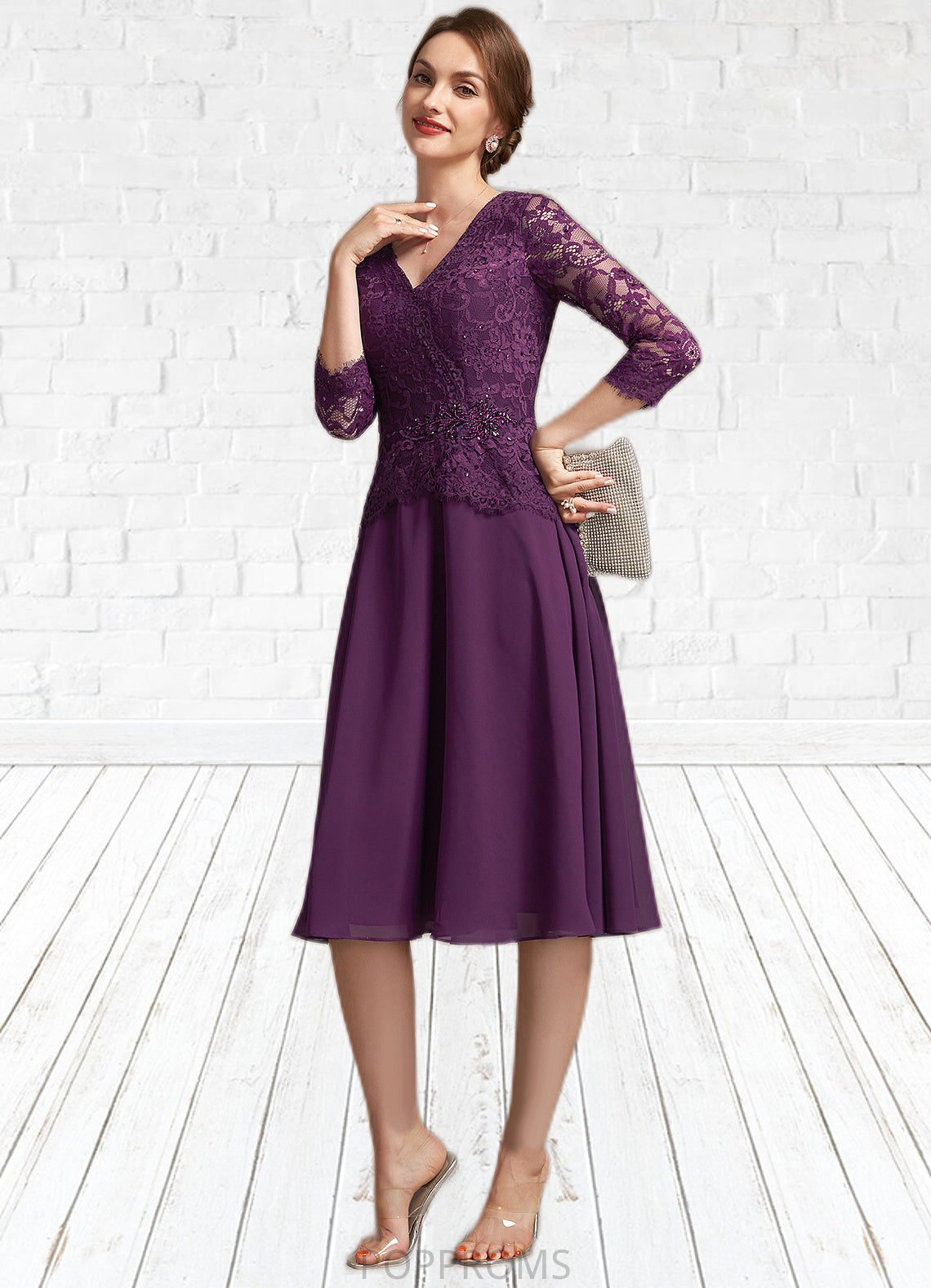 Mila A-Line V-neck Knee-Length Chiffon Lace Mother of the Bride Dress With Beading Sequins PP6126P0015035